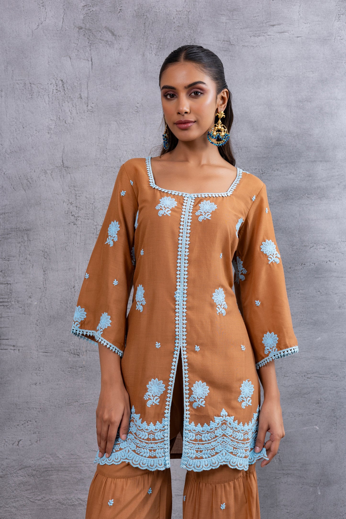CHOCALATE BROWN WITH BLUE EMBROIDERY SUIT SET