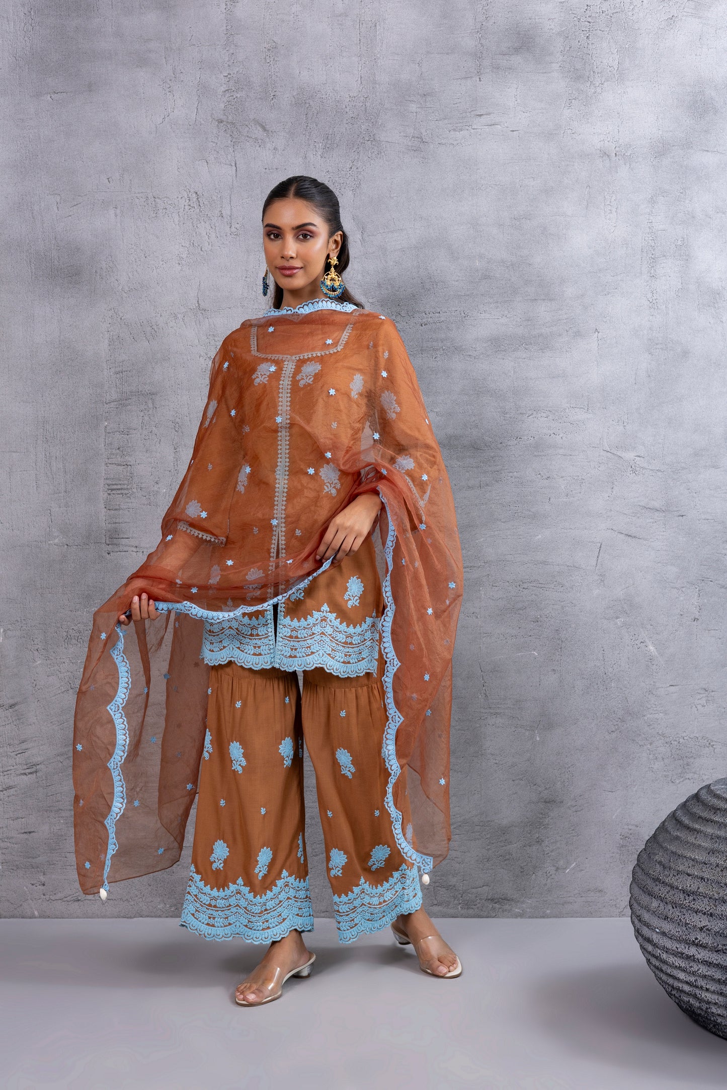 CHOCALATE BROWN WITH BLUE EMBROIDERY SUIT SET