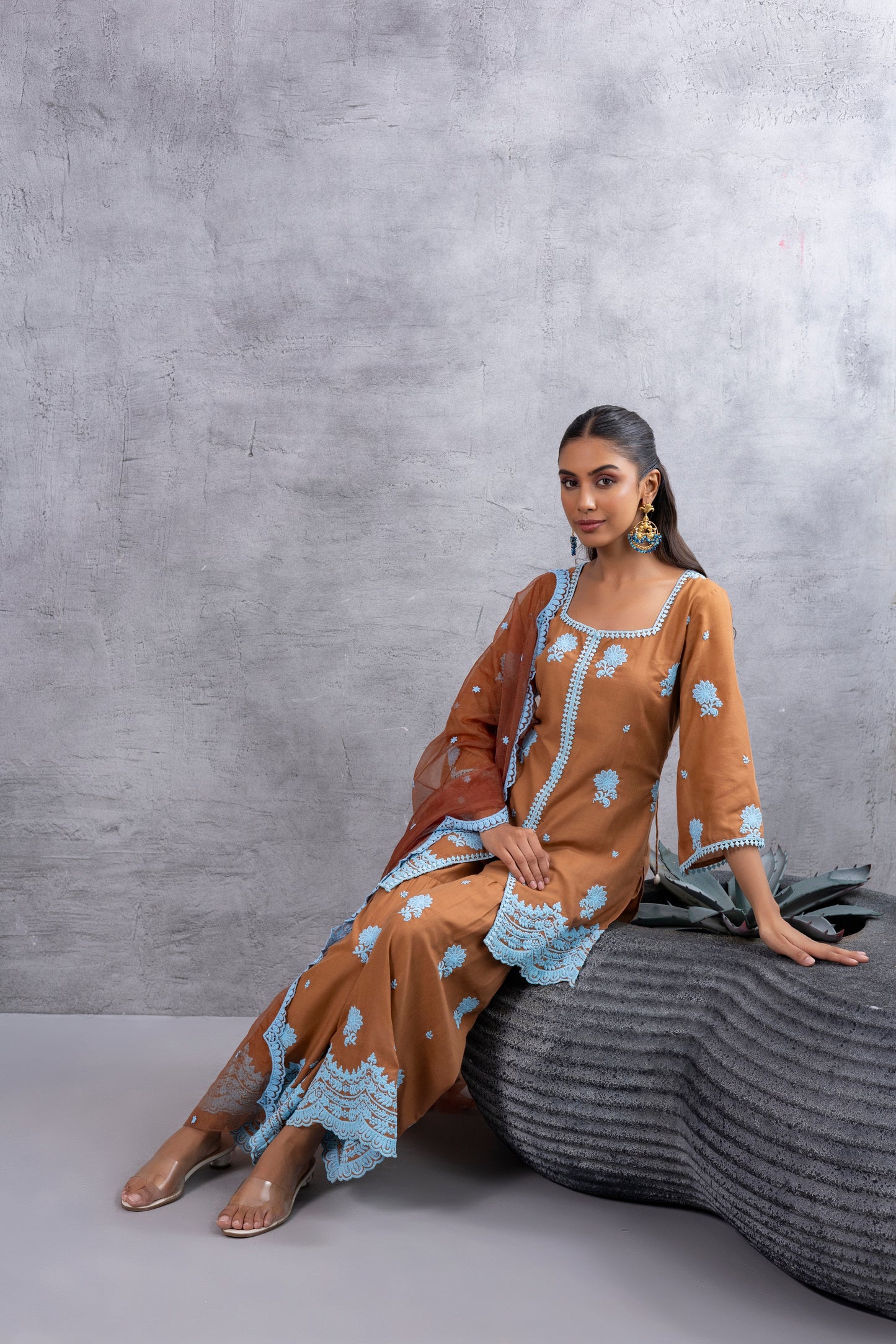 CHOCALATE BROWN WITH BLUE EMBROIDERY SUIT SET