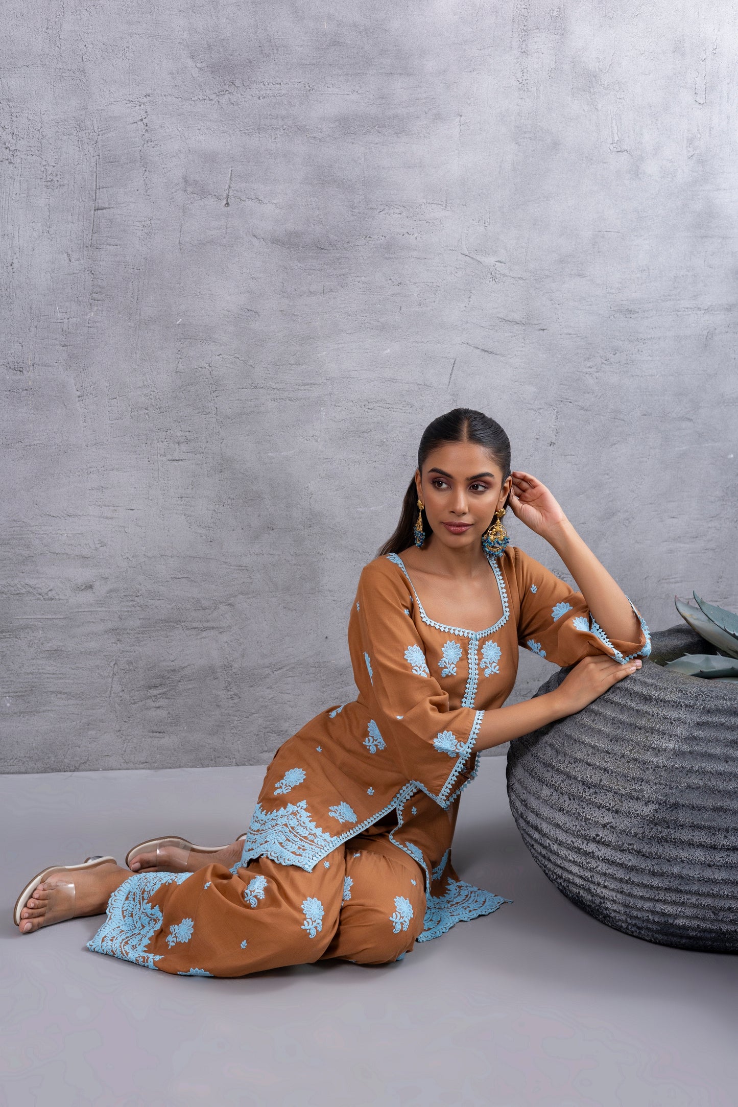 CHOCALATE BROWN WITH BLUE EMBROIDERY SUIT SET