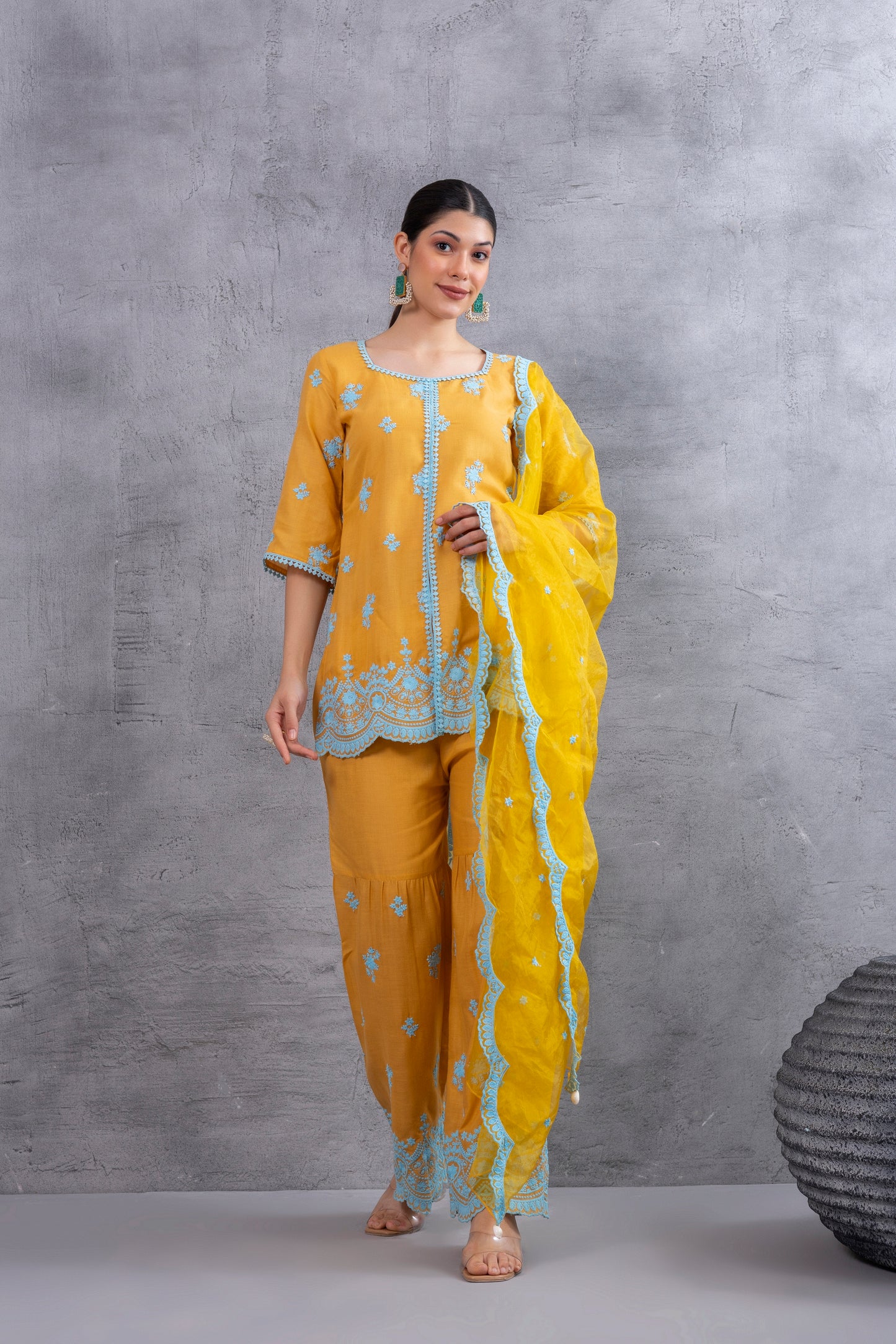 MUSTARD WITH BLUE EMBROIDEREY COTTON SUIT SET