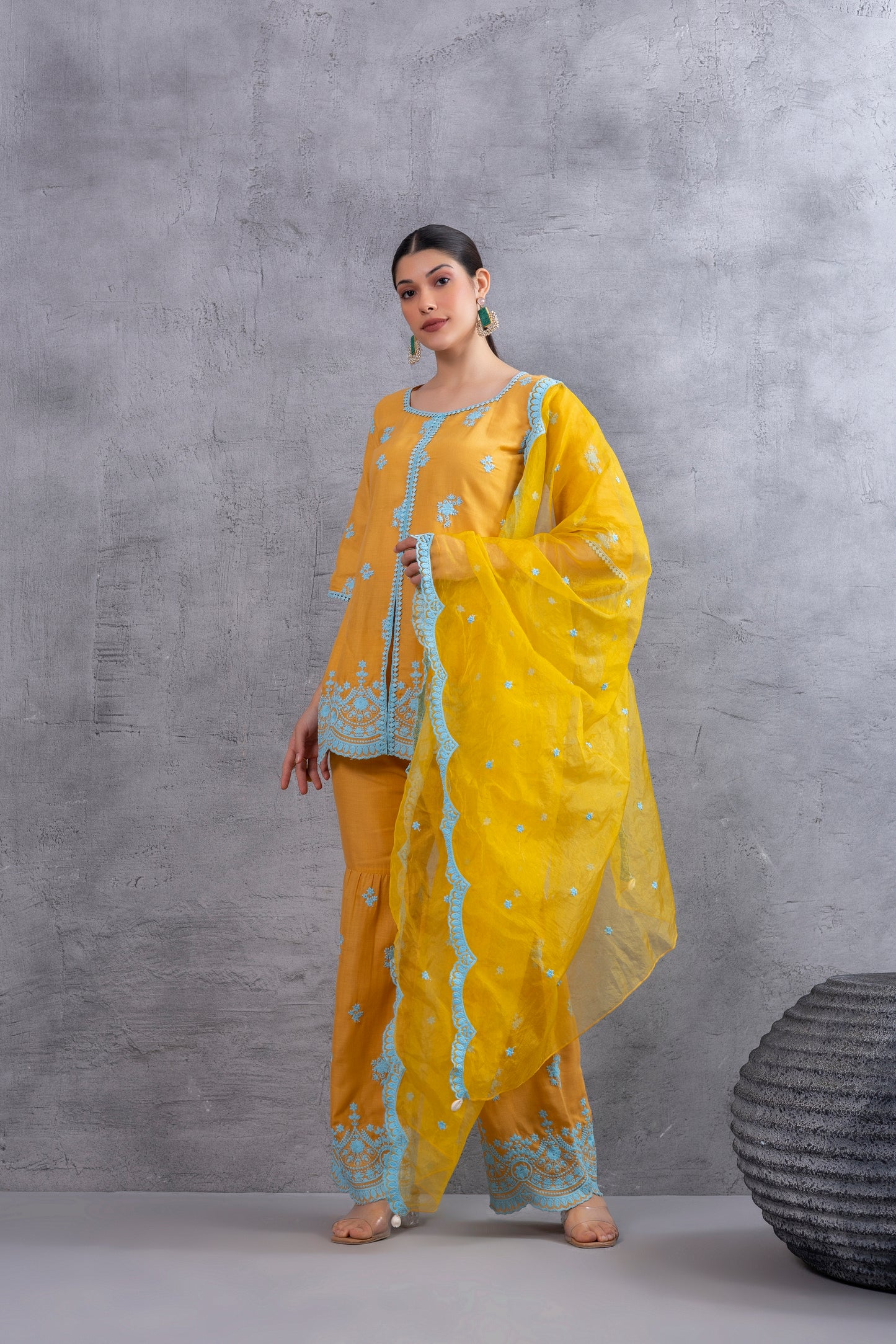MUSTARD WITH BLUE EMBROIDEREY COTTON SUIT SET