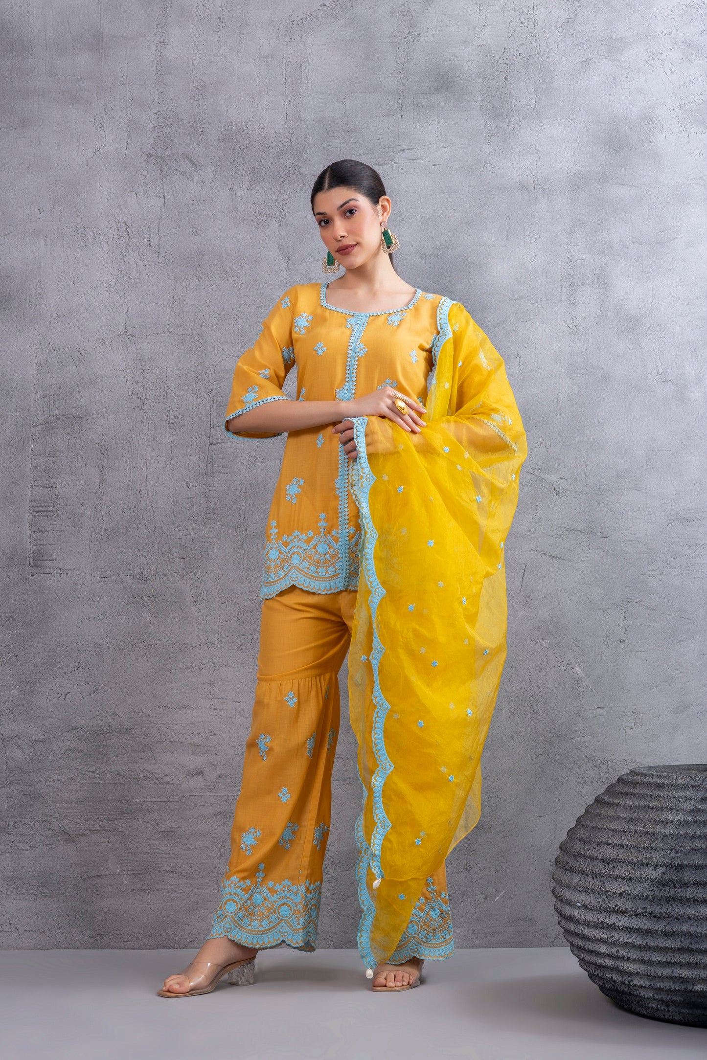 MUSTARD WITH BLUE EMBROIDEREY COTTON SUIT SET