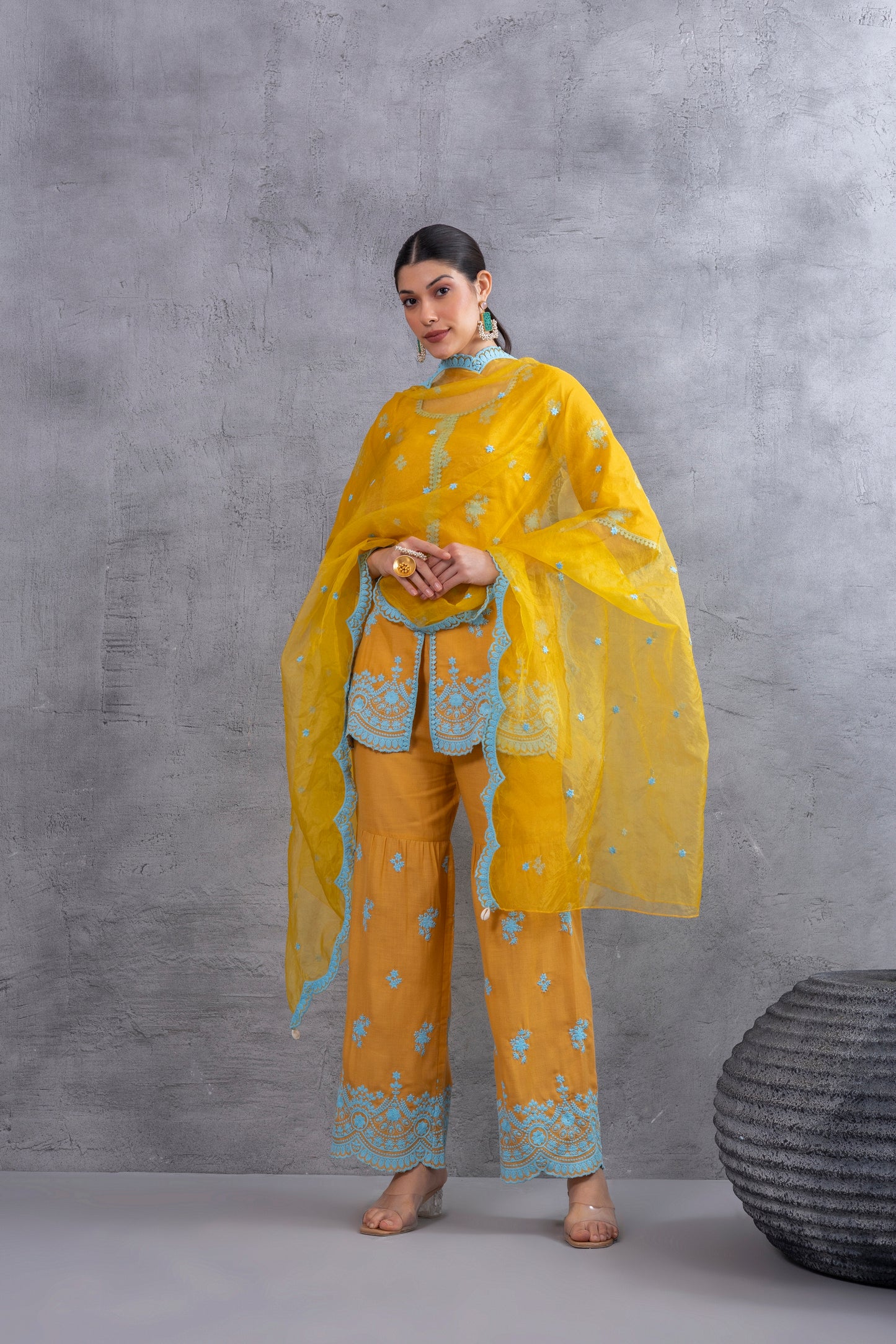 MUSTARD WITH BLUE EMBROIDEREY COTTON SUIT SET