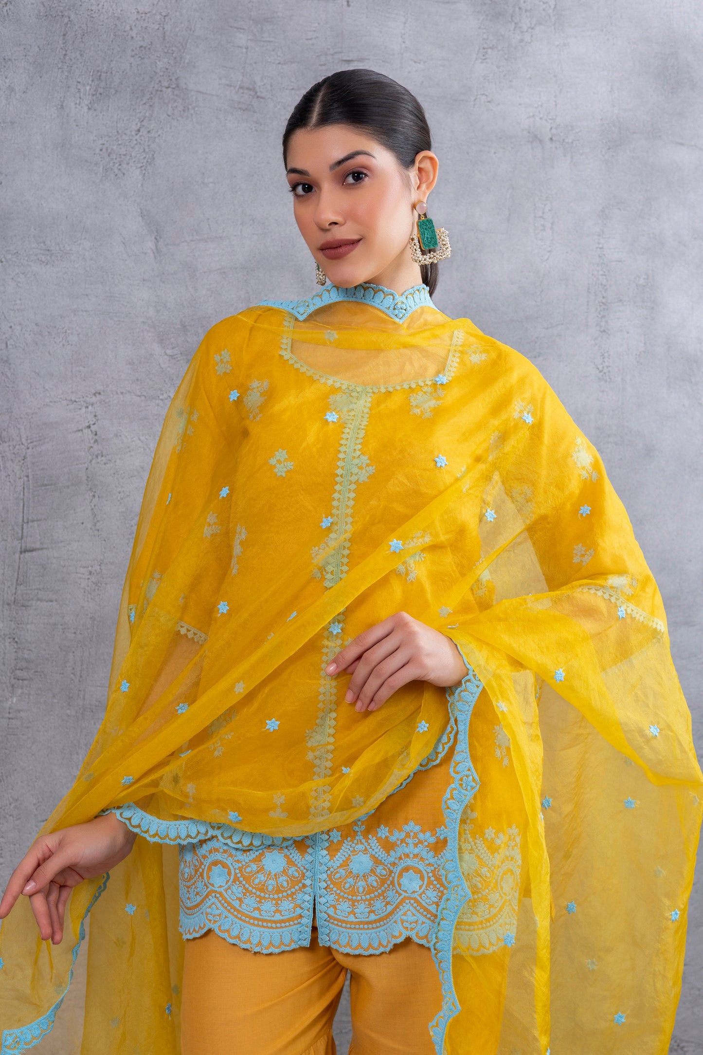 MUSTARD WITH BLUE EMBROIDEREY COTTON SUIT SET