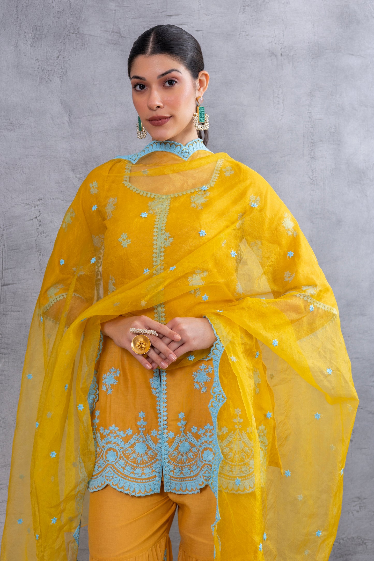 MUSTARD WITH BLUE EMBROIDEREY COTTON SUIT SET