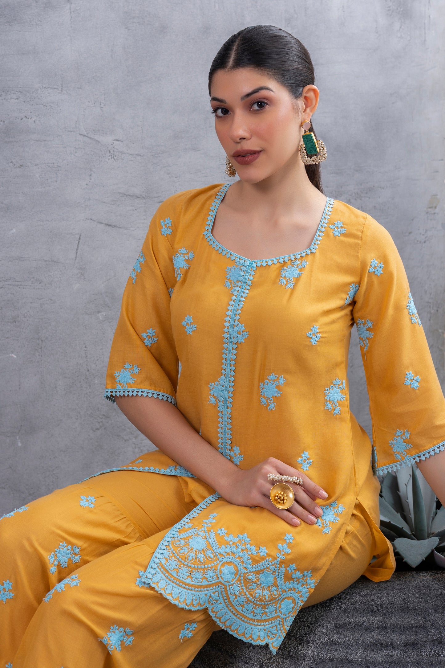 MUSTARD WITH BLUE EMBROIDEREY COTTON SUIT SET