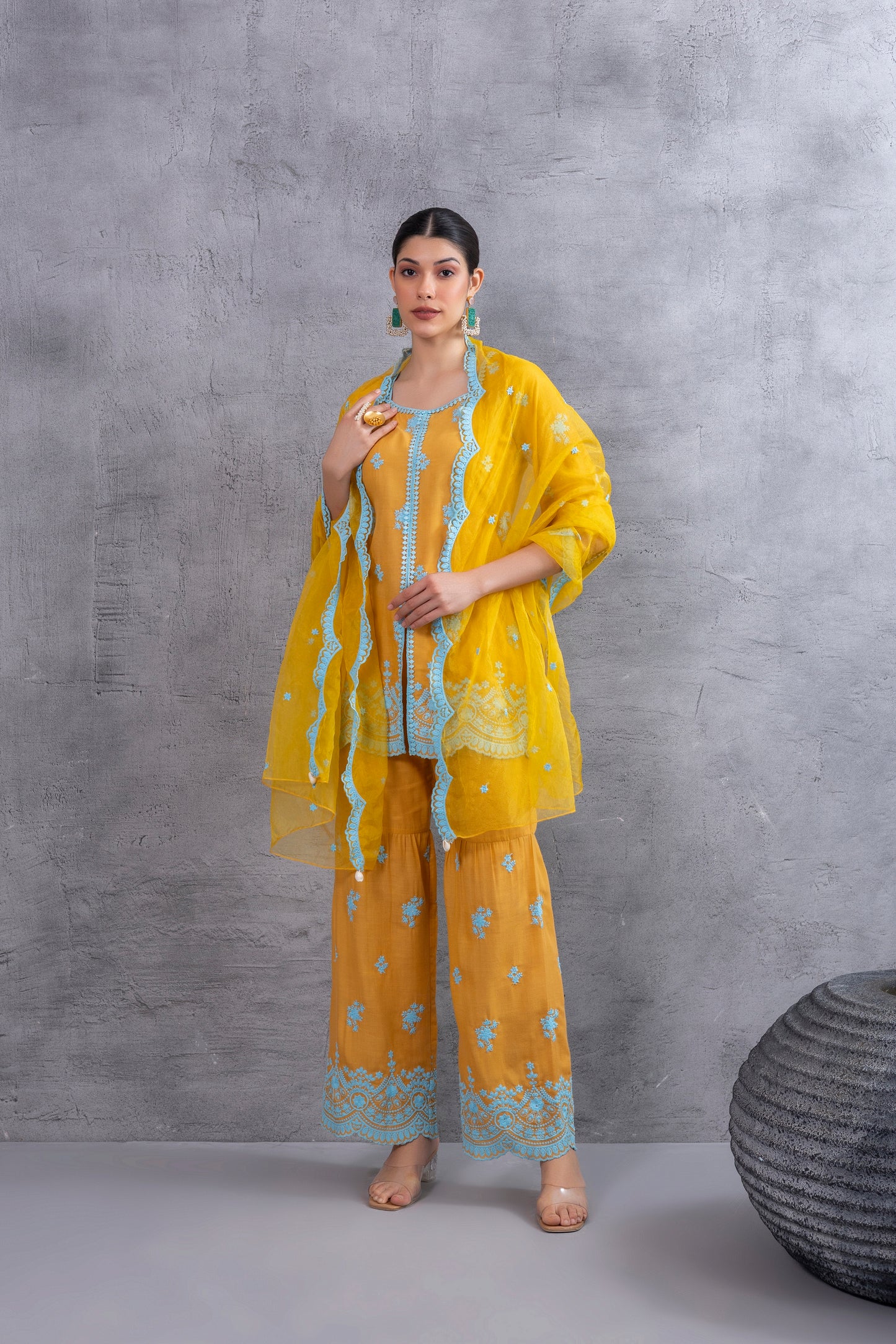 MUSTARD WITH BLUE EMBROIDEREY COTTON SUIT SET