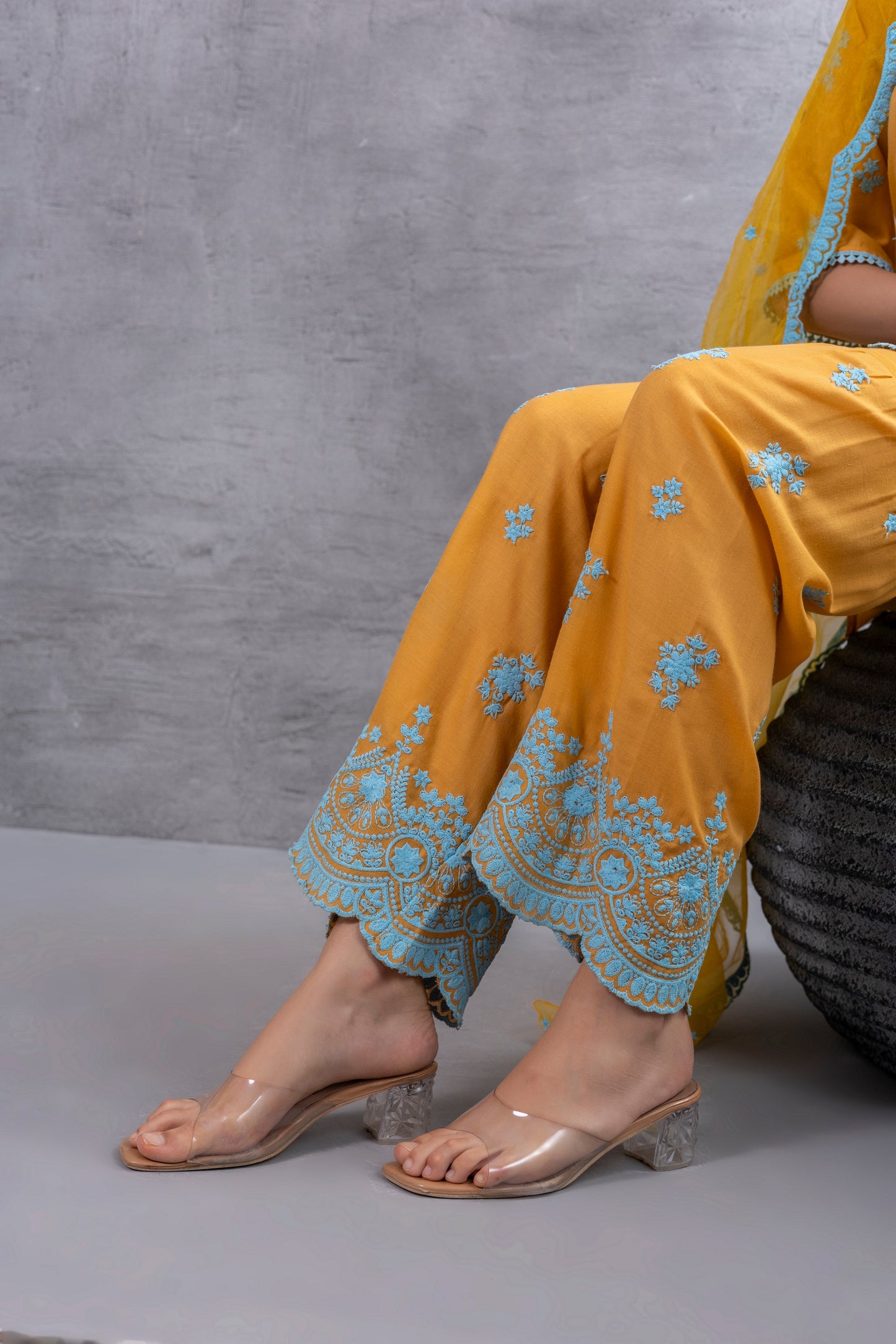 MUSTARD WITH BLUE EMBROIDEREY COTTON SUIT SET
