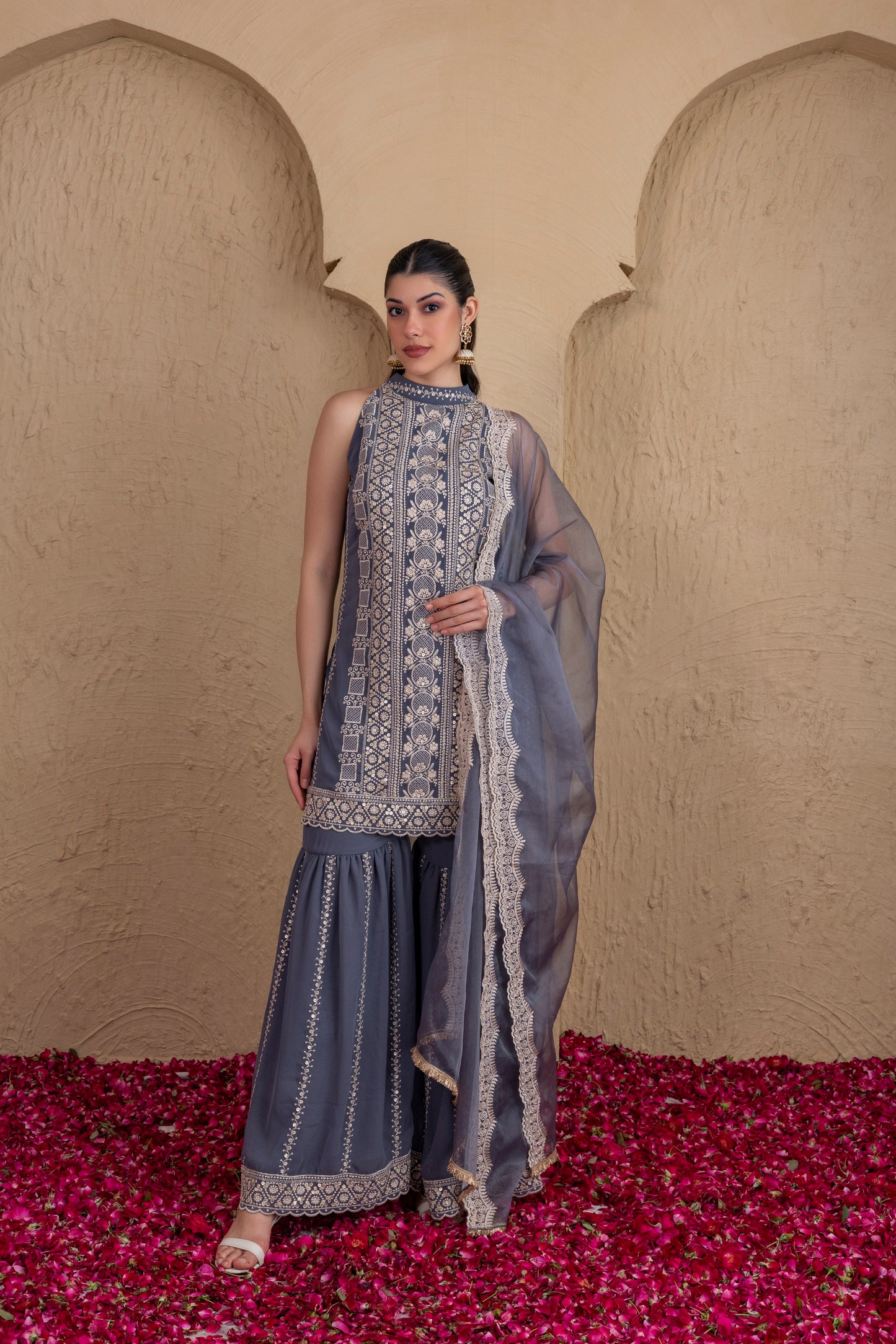 GREY GOLD SEQUENCE HALTER SUIT SET