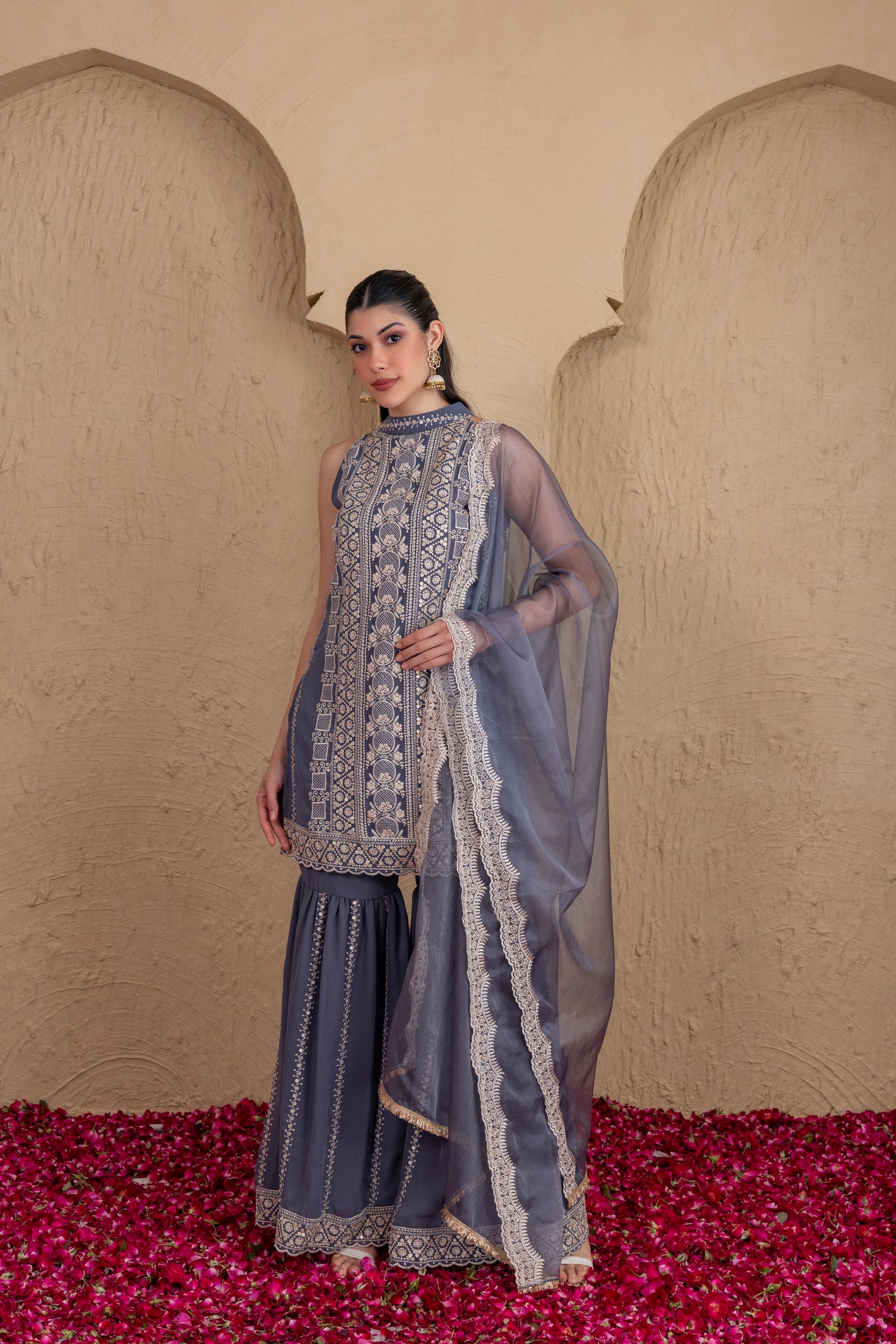 GREY GOLD SEQUENCE HALTER SUIT SET