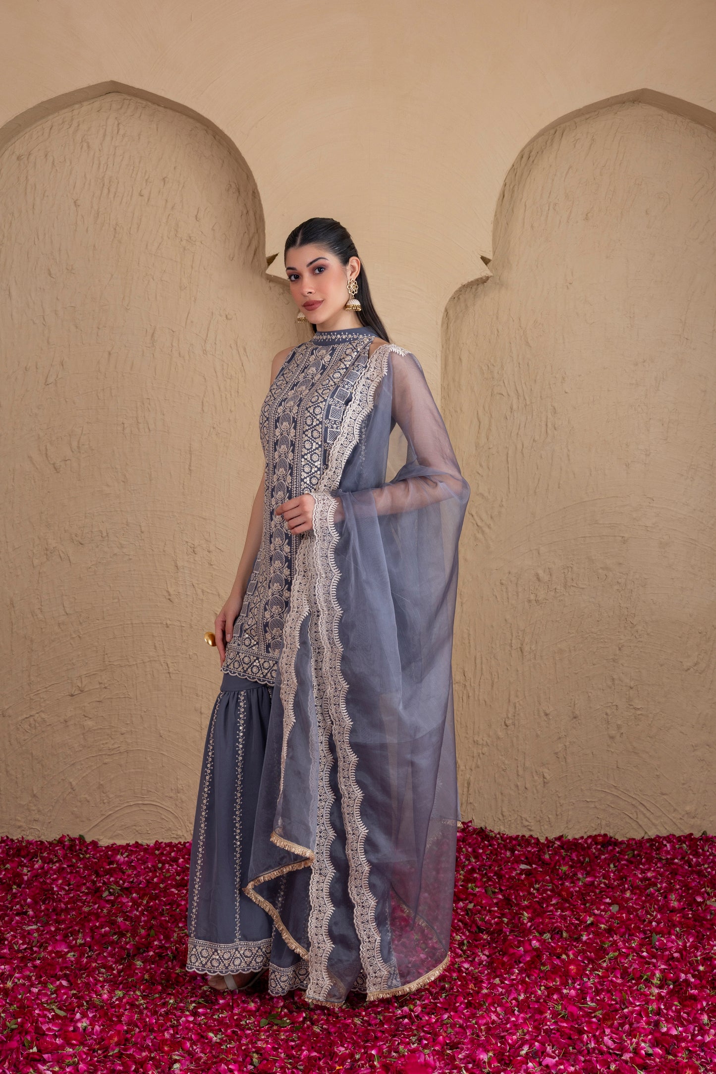 GREY GOLD SEQUENCE HALTER SUIT SET
