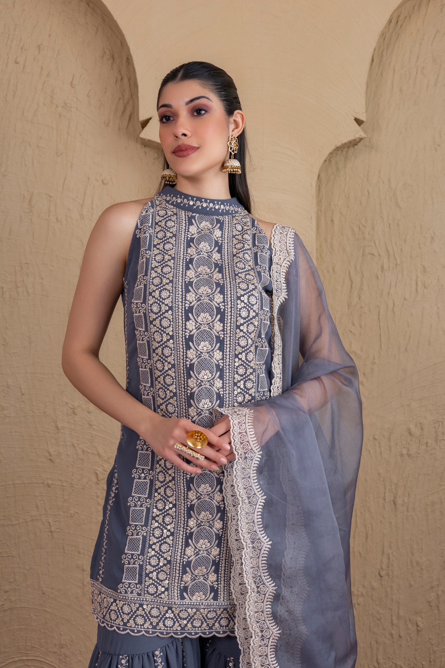 GREY GOLD SEQUENCE HALTER SUIT SET