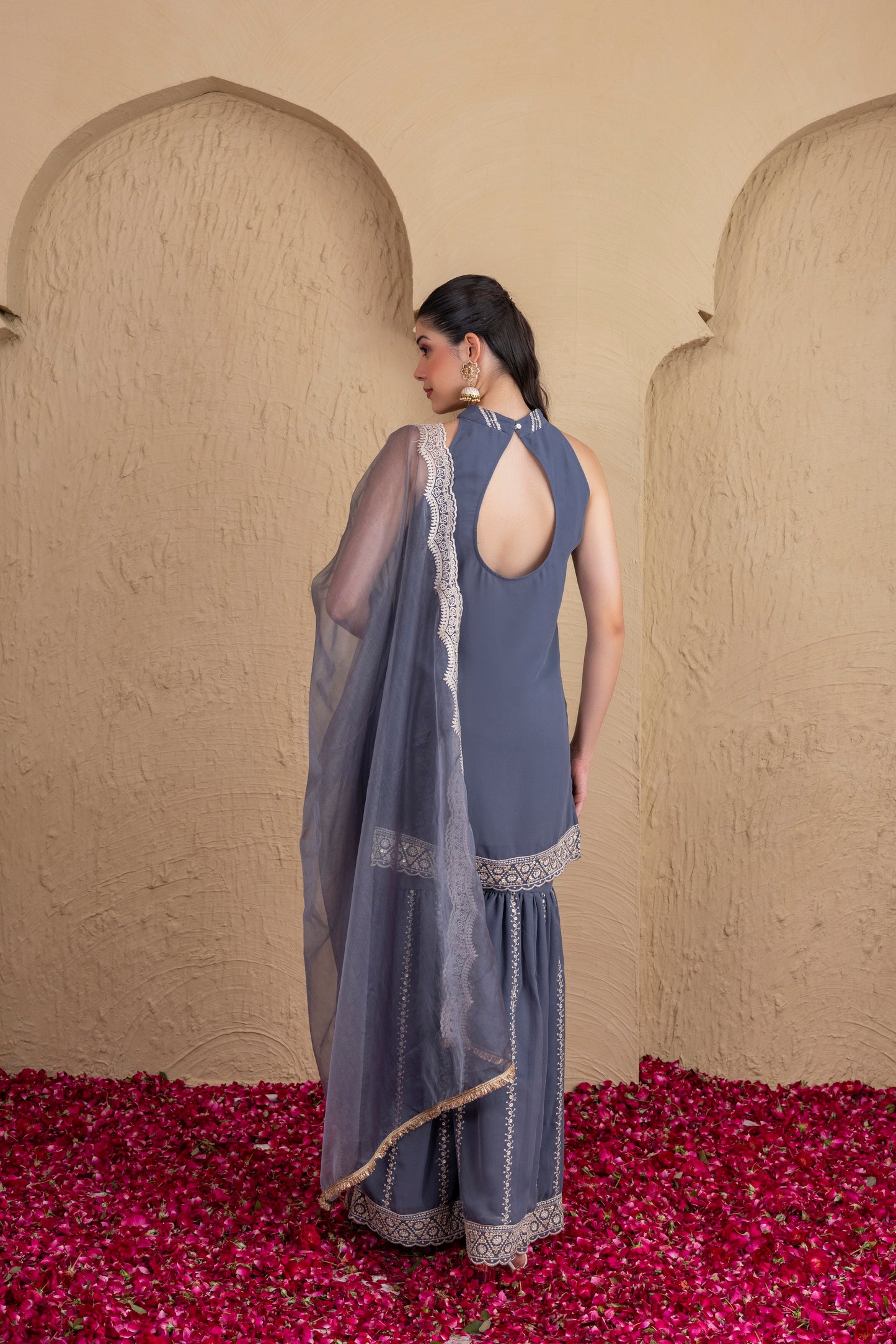 GREY GOLD SEQUENCE HALTER SUIT SET