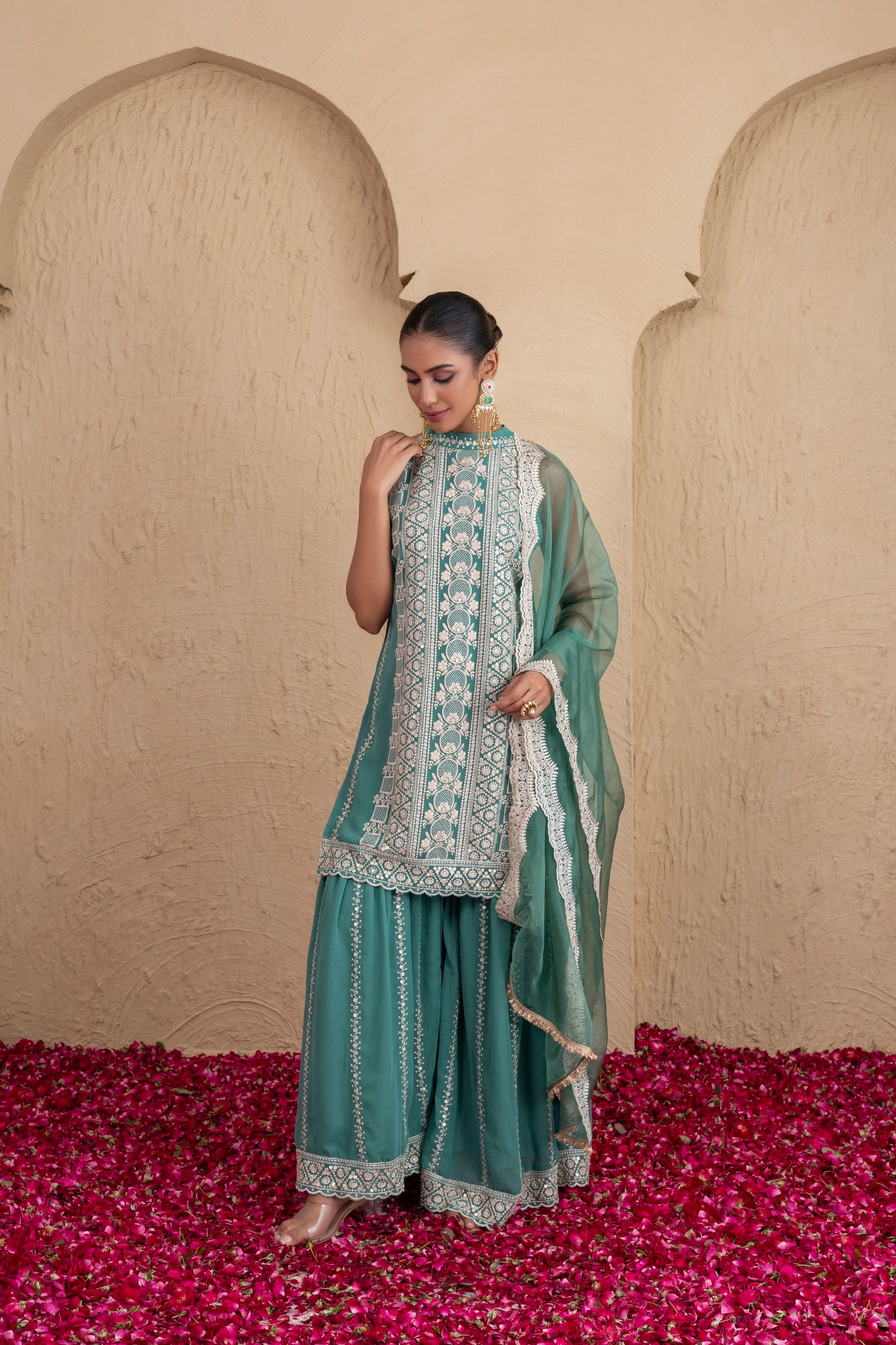 Forest Green Gold Sequence Halter Suit Set