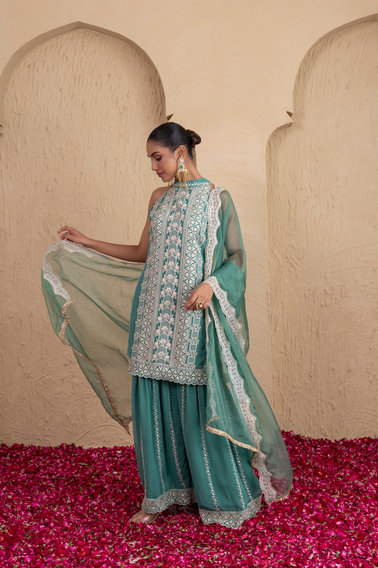 Forest Green Gold Sequence Halter Suit Set