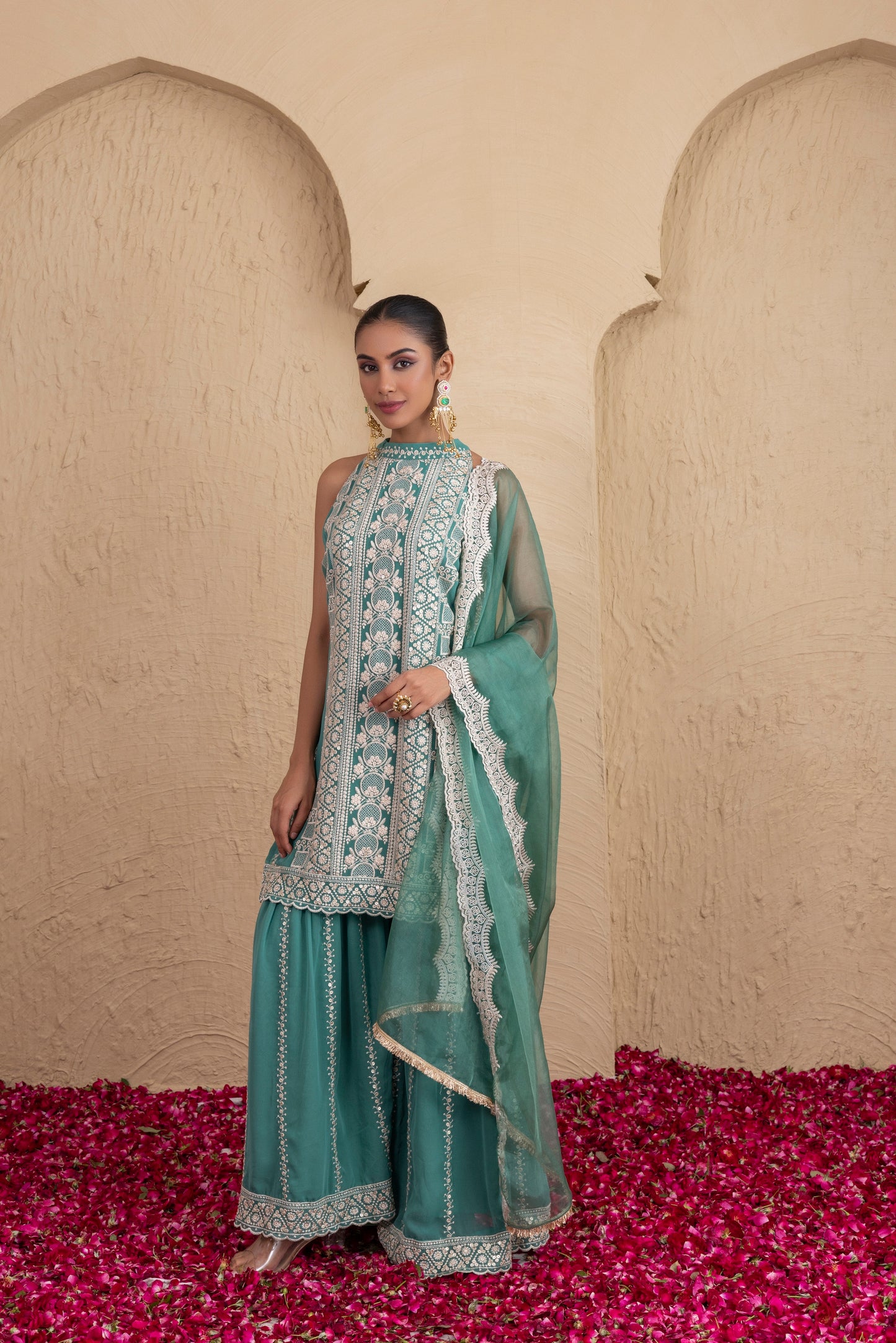 Forest Green Gold Sequence Halter Suit Set