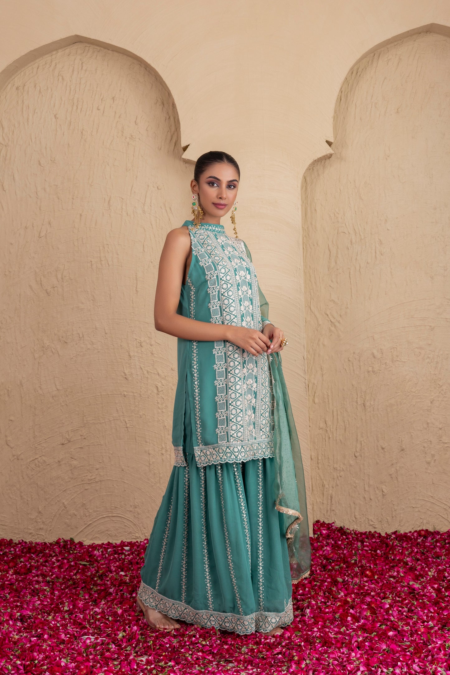 Forest Green Gold Sequence Halter Suit Set
