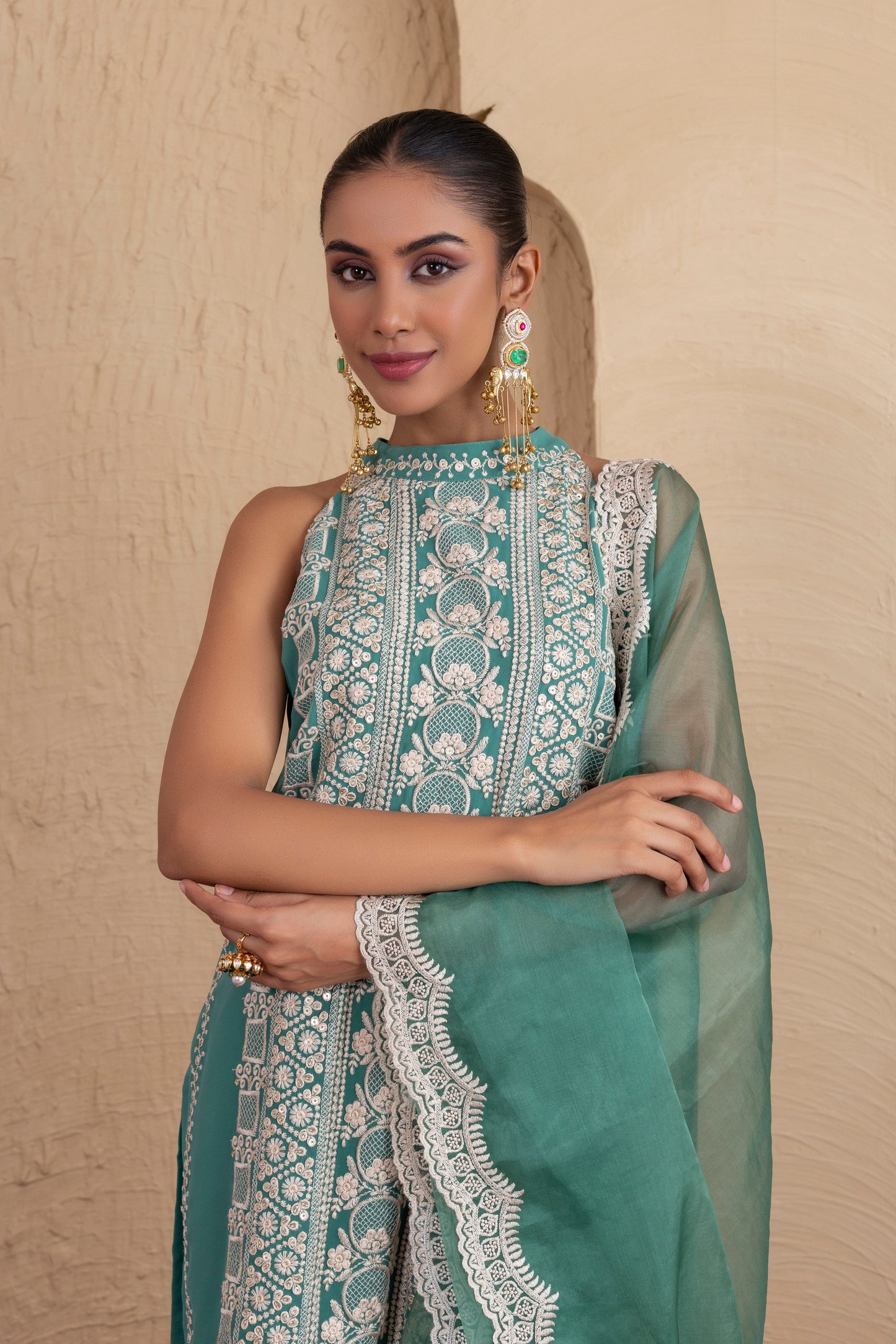 Forest Green Gold Sequence Halter Suit Set