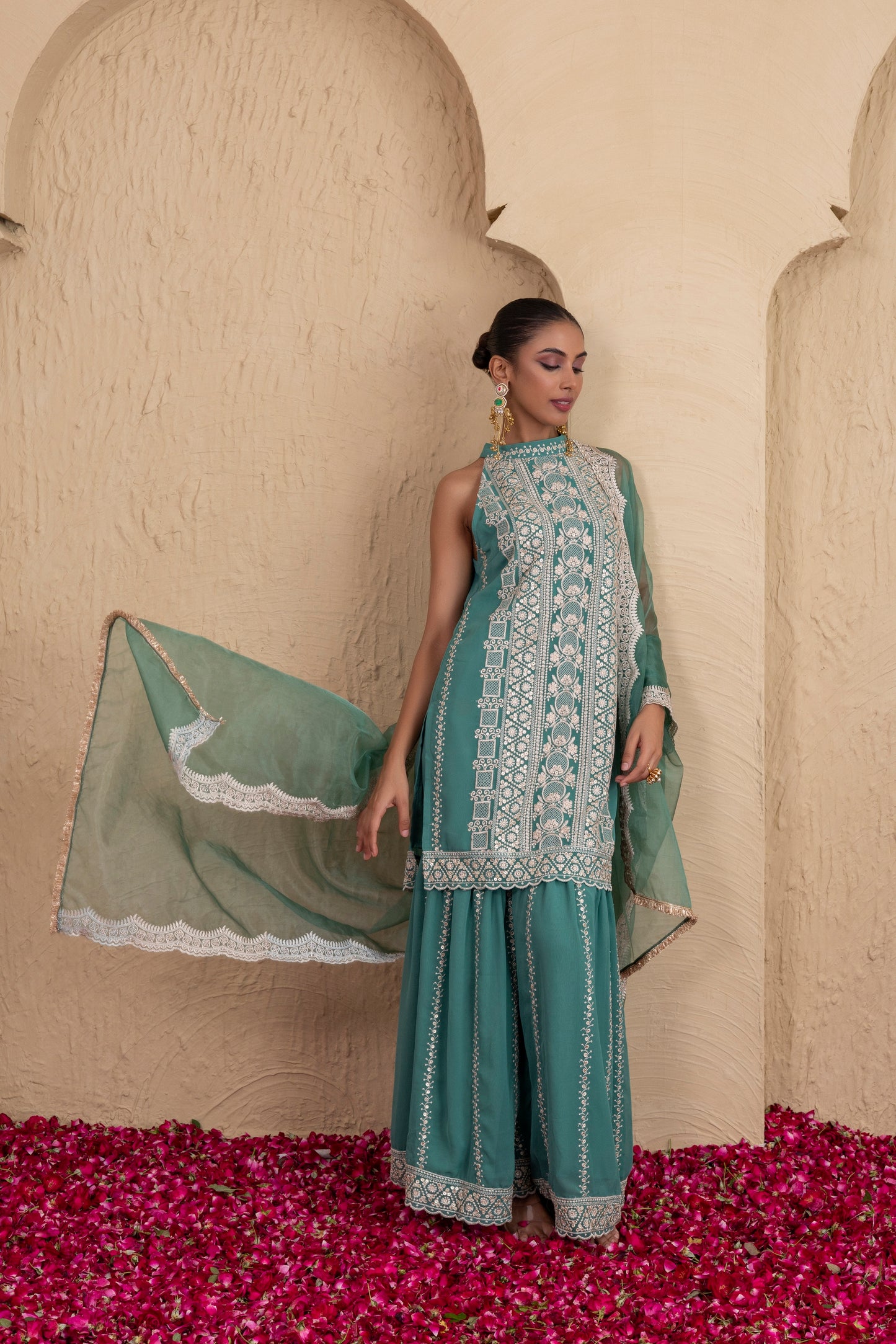 Forest Green Gold Sequence Halter Suit Set