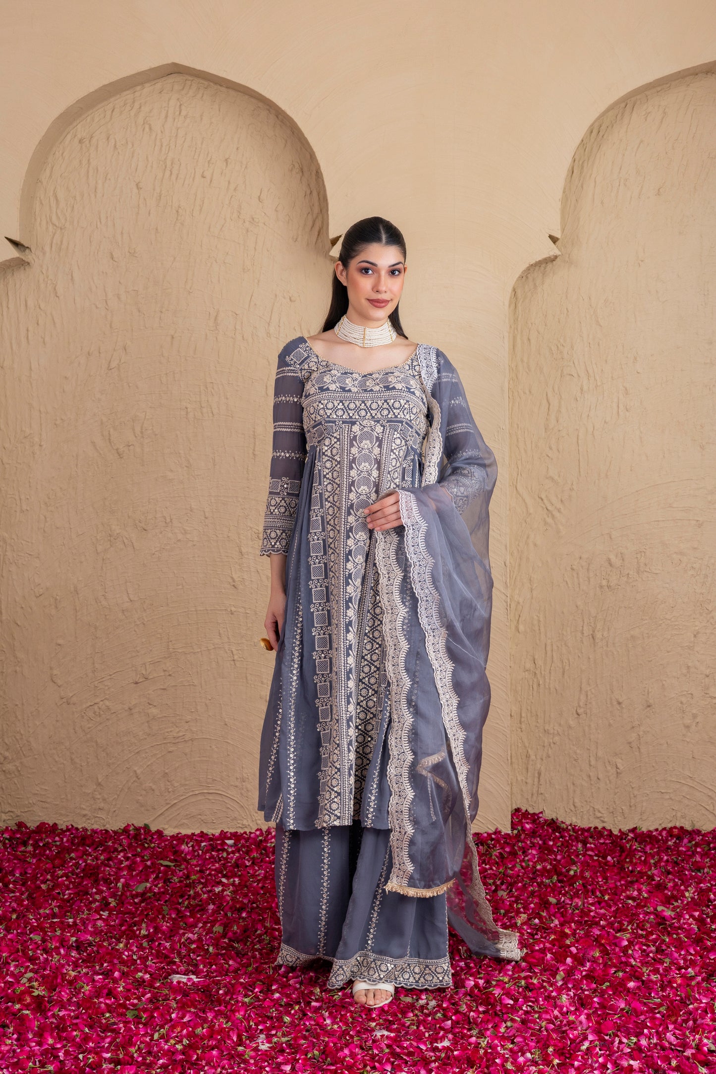 ASH GREY AND CREAM EMBROIDERED FLARED SUIT SET