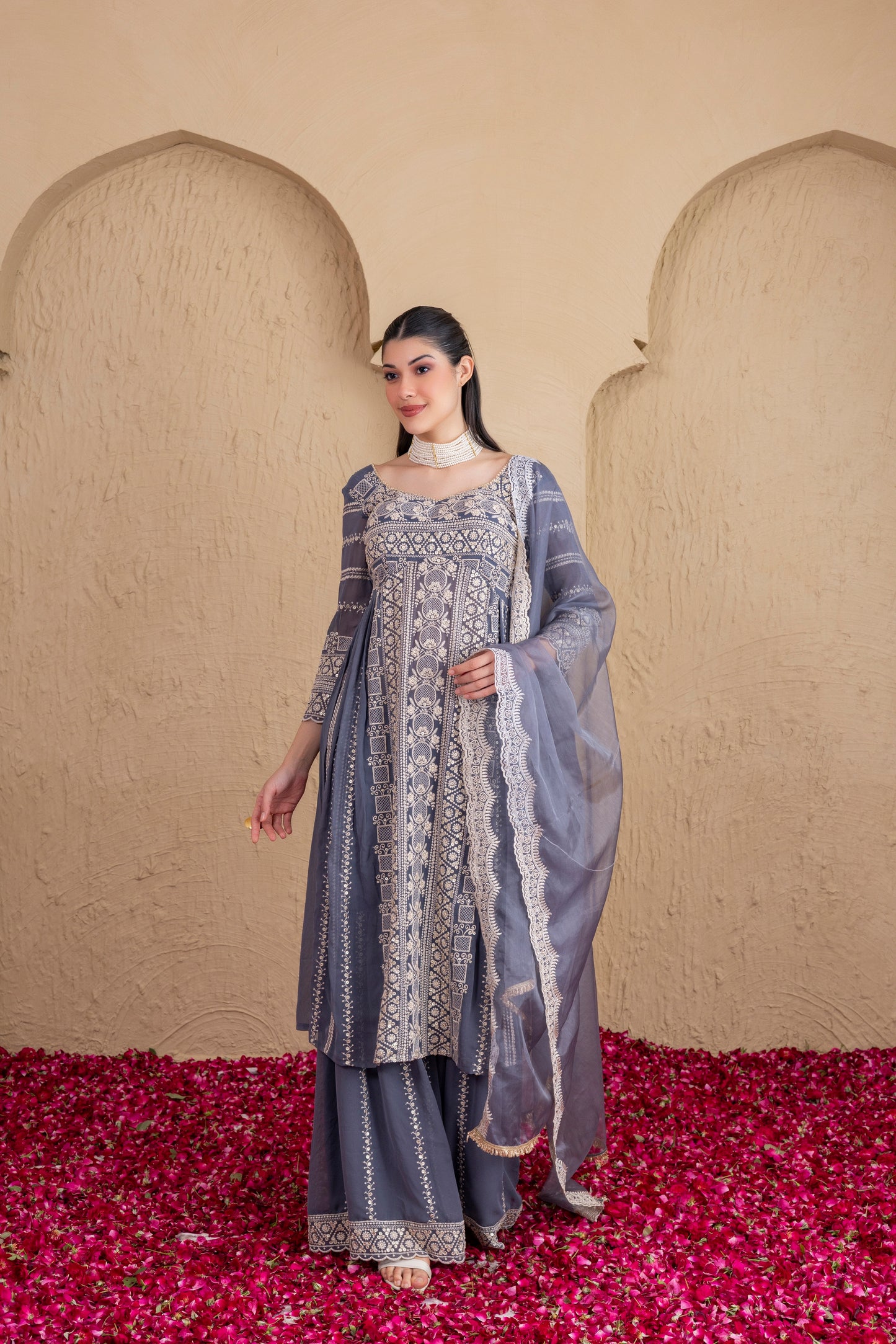 ASH GREY AND CREAM EMBROIDERED FLARED SUIT SET