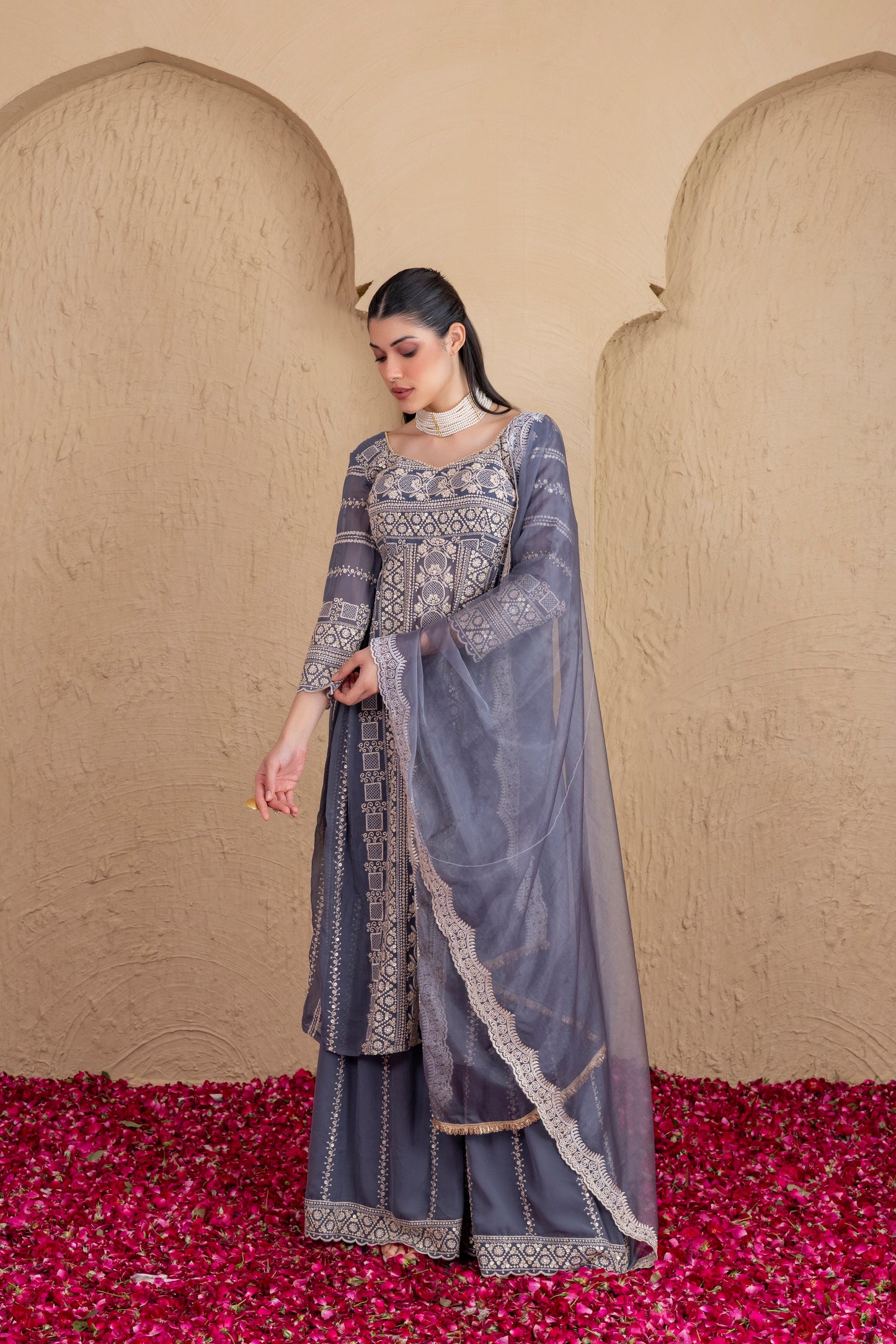ASH GREY AND CREAM EMBROIDERED FLARED SUIT SET