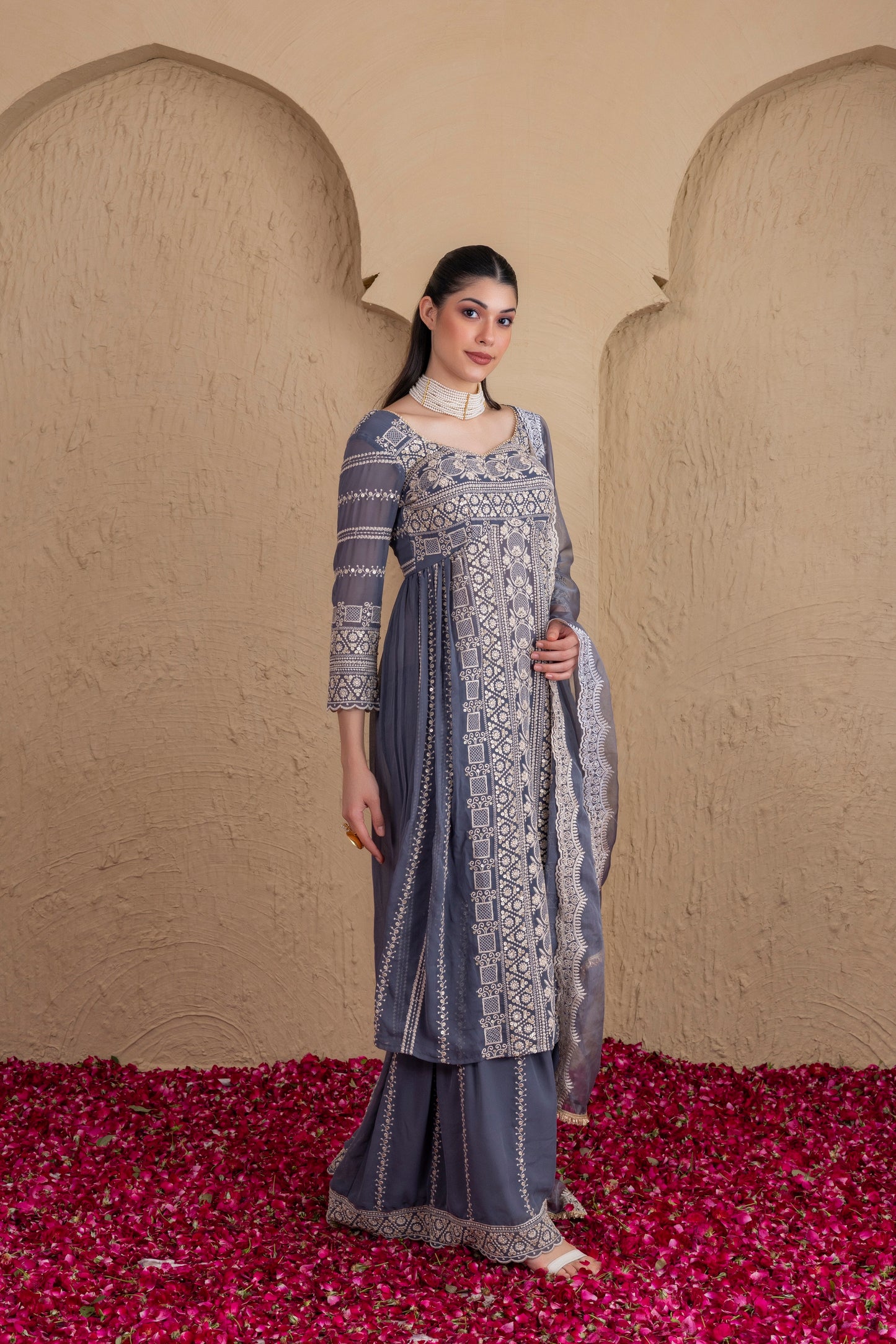 ASH GREY AND CREAM EMBROIDERED FLARED SUIT SET