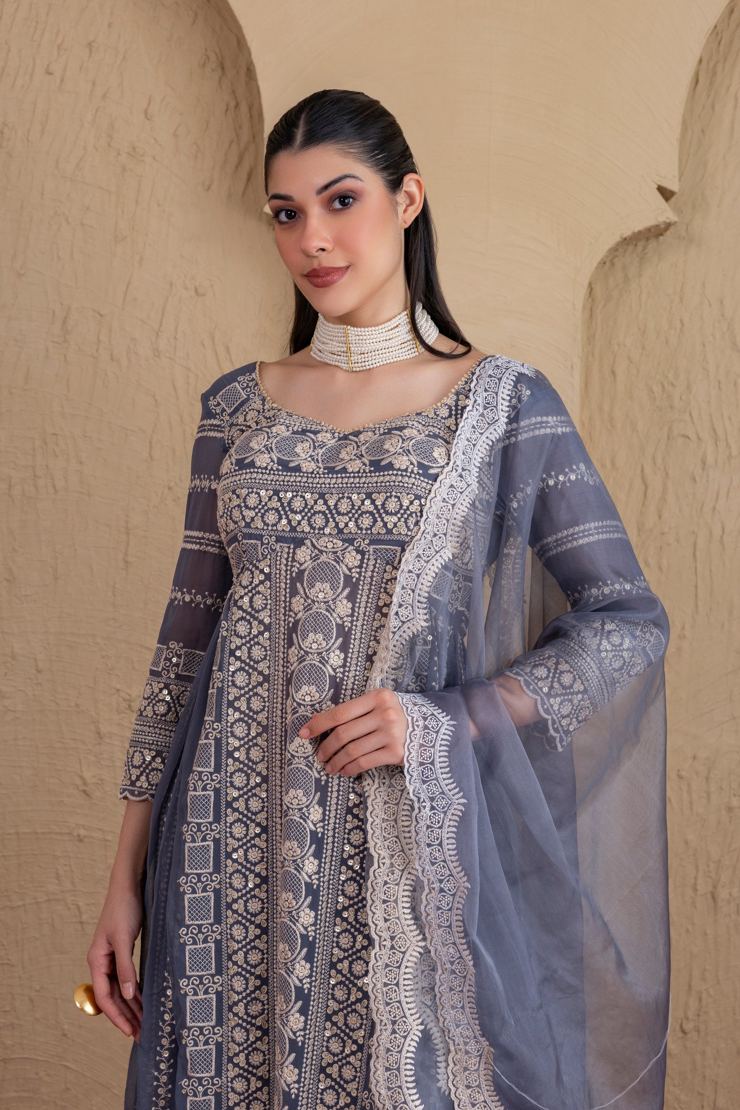 ASH GREY AND CREAM EMBROIDERED FLARED SUIT SET