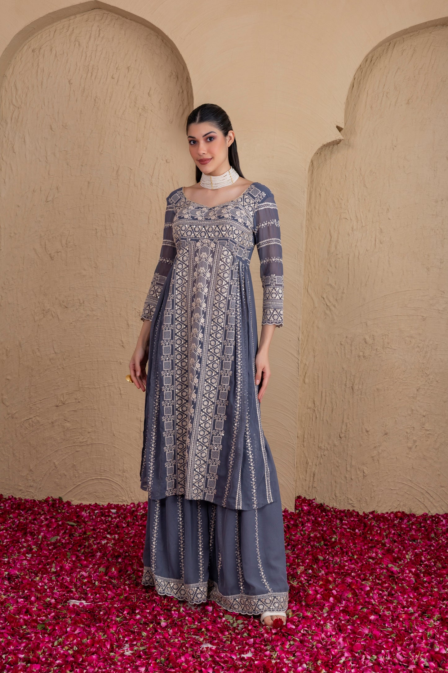 ASH GREY AND CREAM EMBROIDERED FLARED SUIT SET