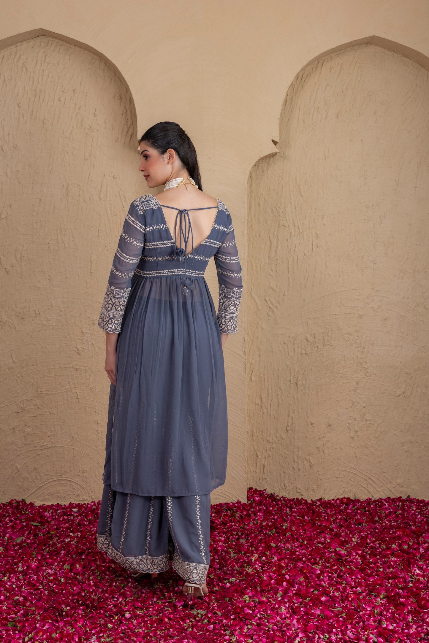 ASH GREY AND CREAM EMBROIDERED FLARED SUIT SET