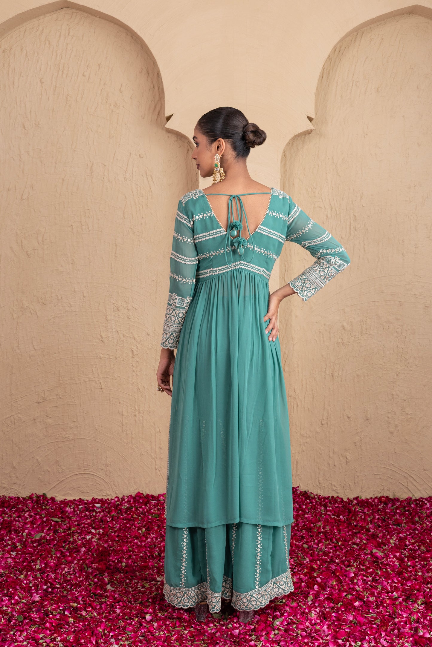 Basil Green Gold Sequence Embroidered Flared Suit Set