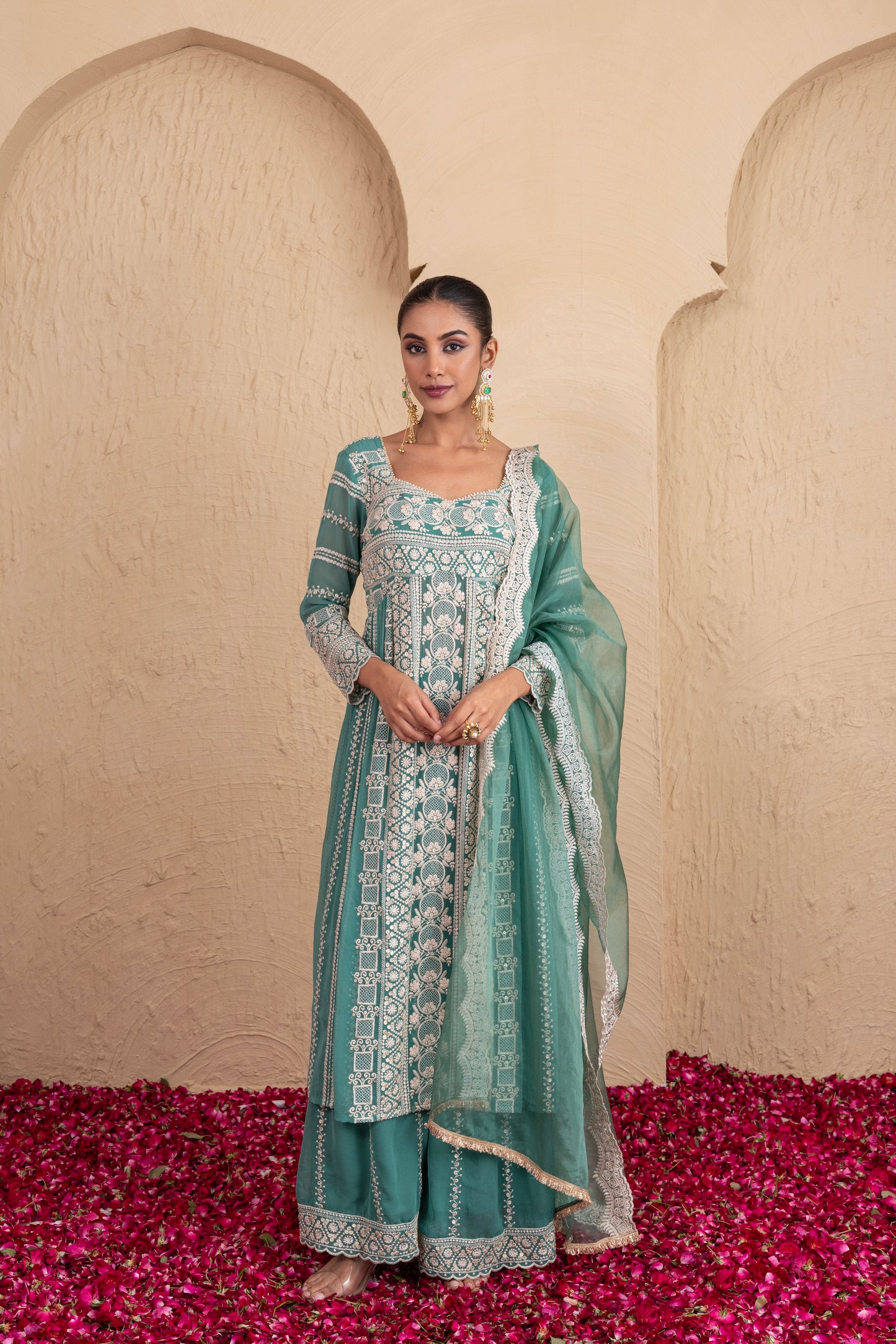 Basil Green Gold Sequence Embroidered Flared Suit Set
