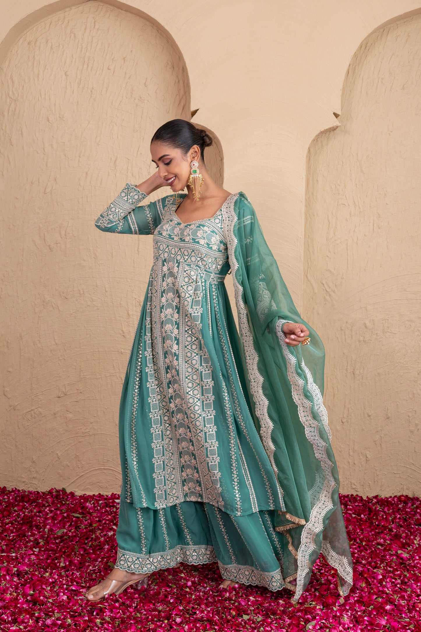 Basil Green Gold Sequence Embroidered Flared Suit Set