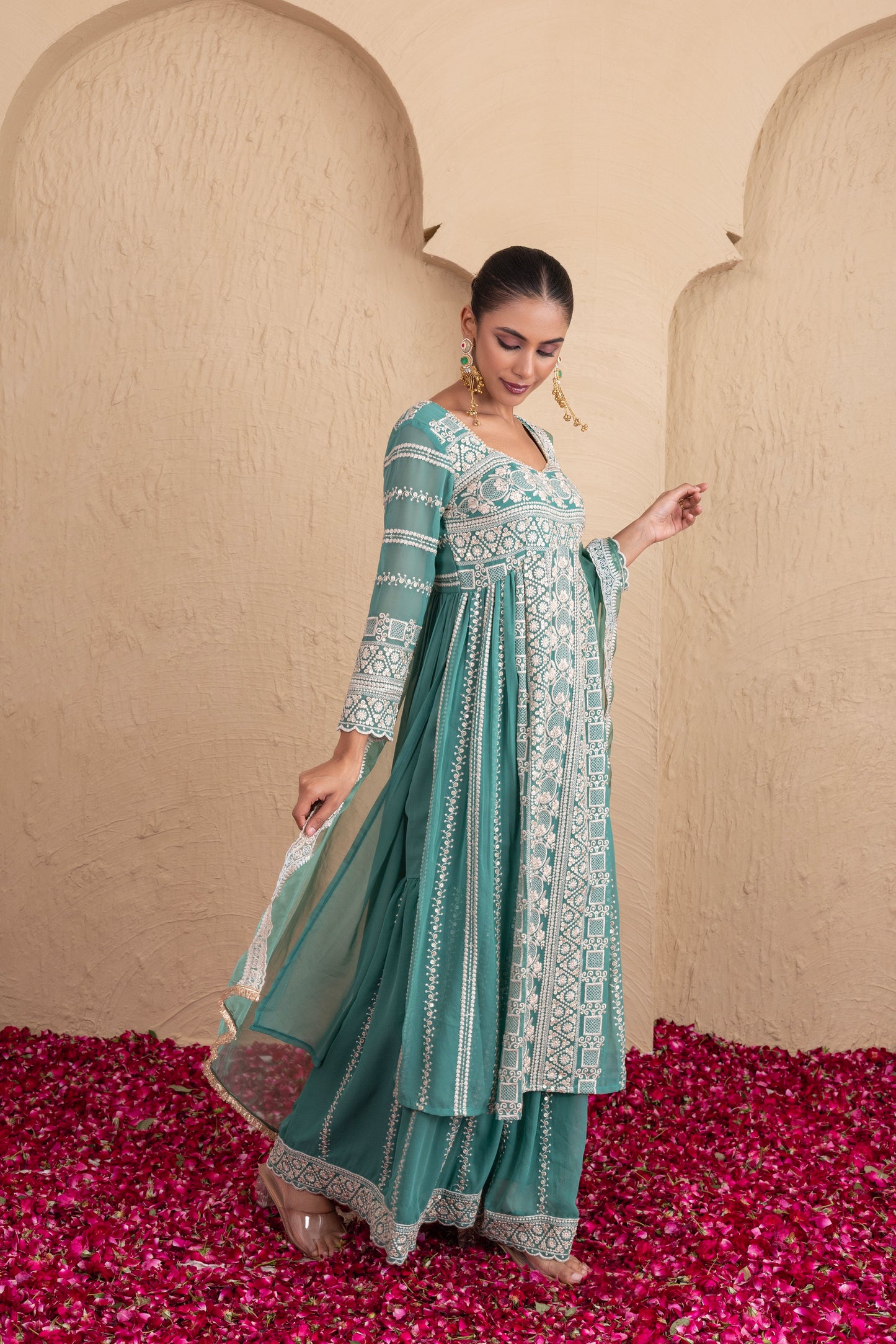 Basil Green Gold Sequence Embroidered Flared Suit Set
