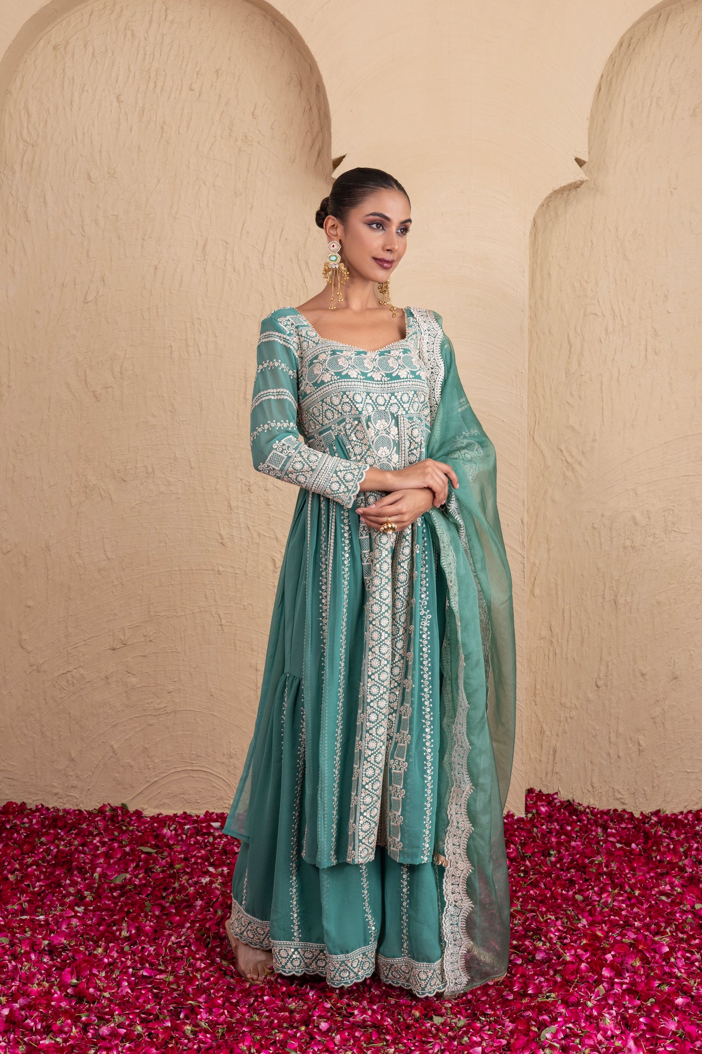 Basil Green Gold Sequence Embroidered Flared Suit Set