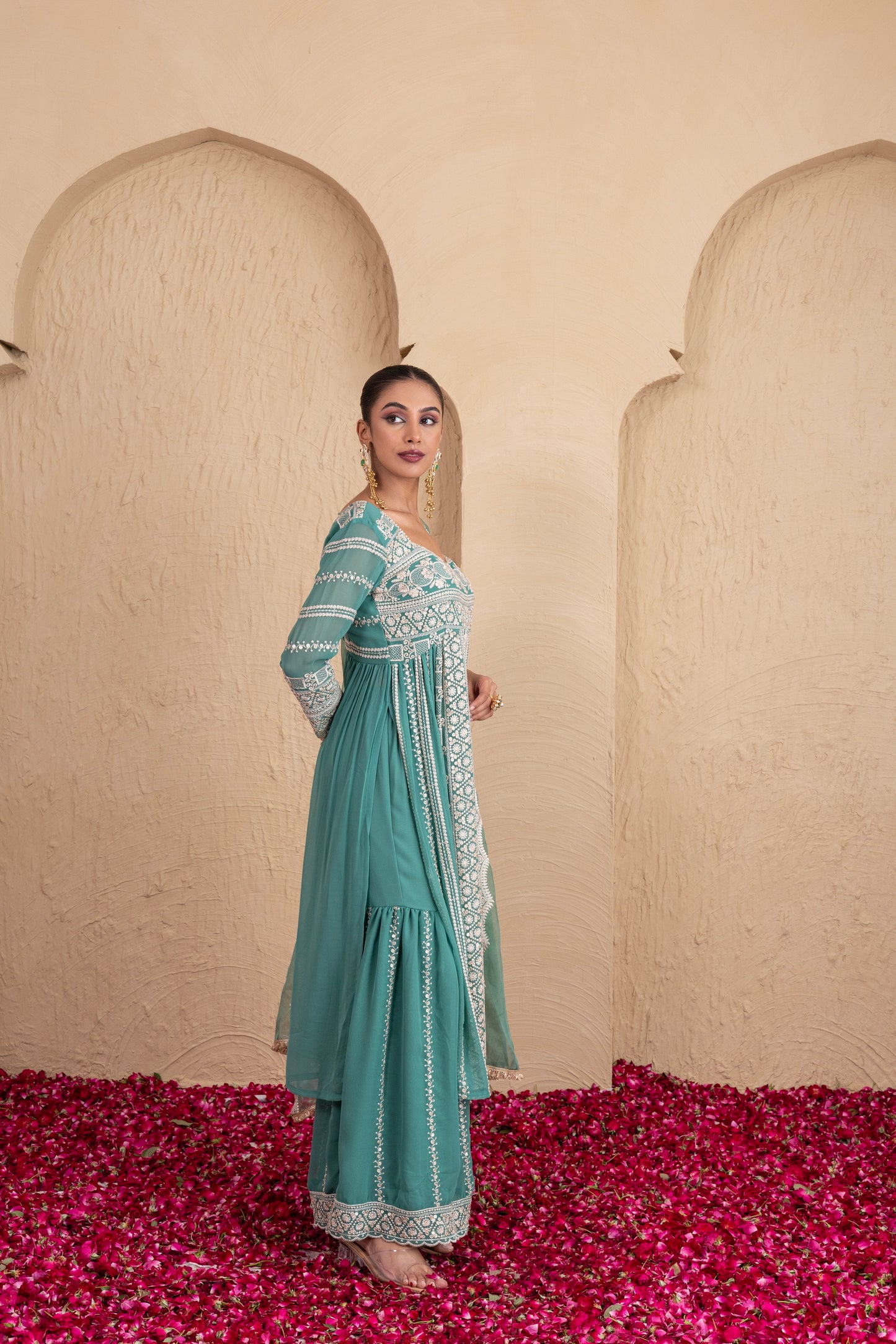 Basil Green Gold Sequence Embroidered Flared Suit Set