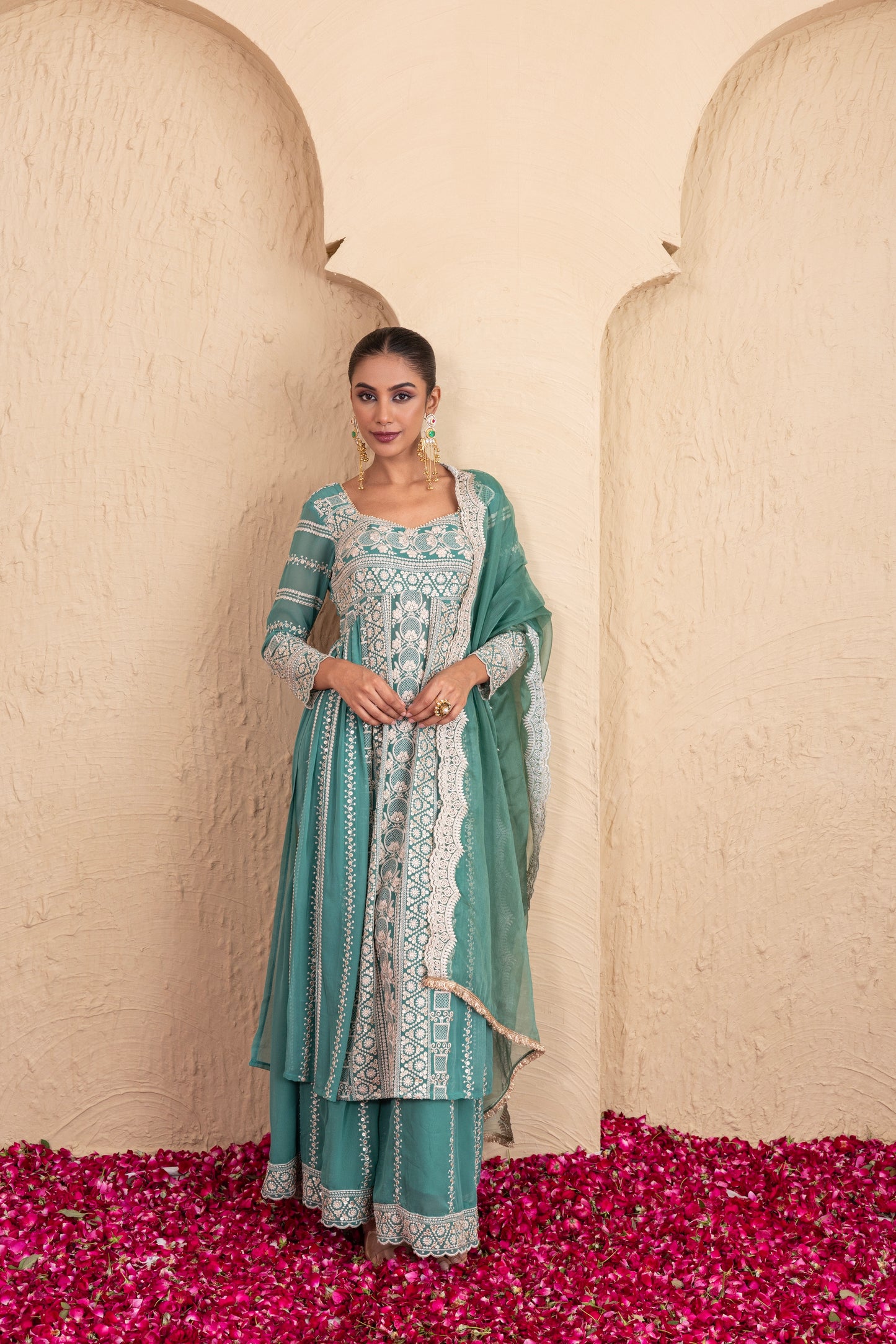 Basil Green Gold Sequence Embroidered Flared Suit Set