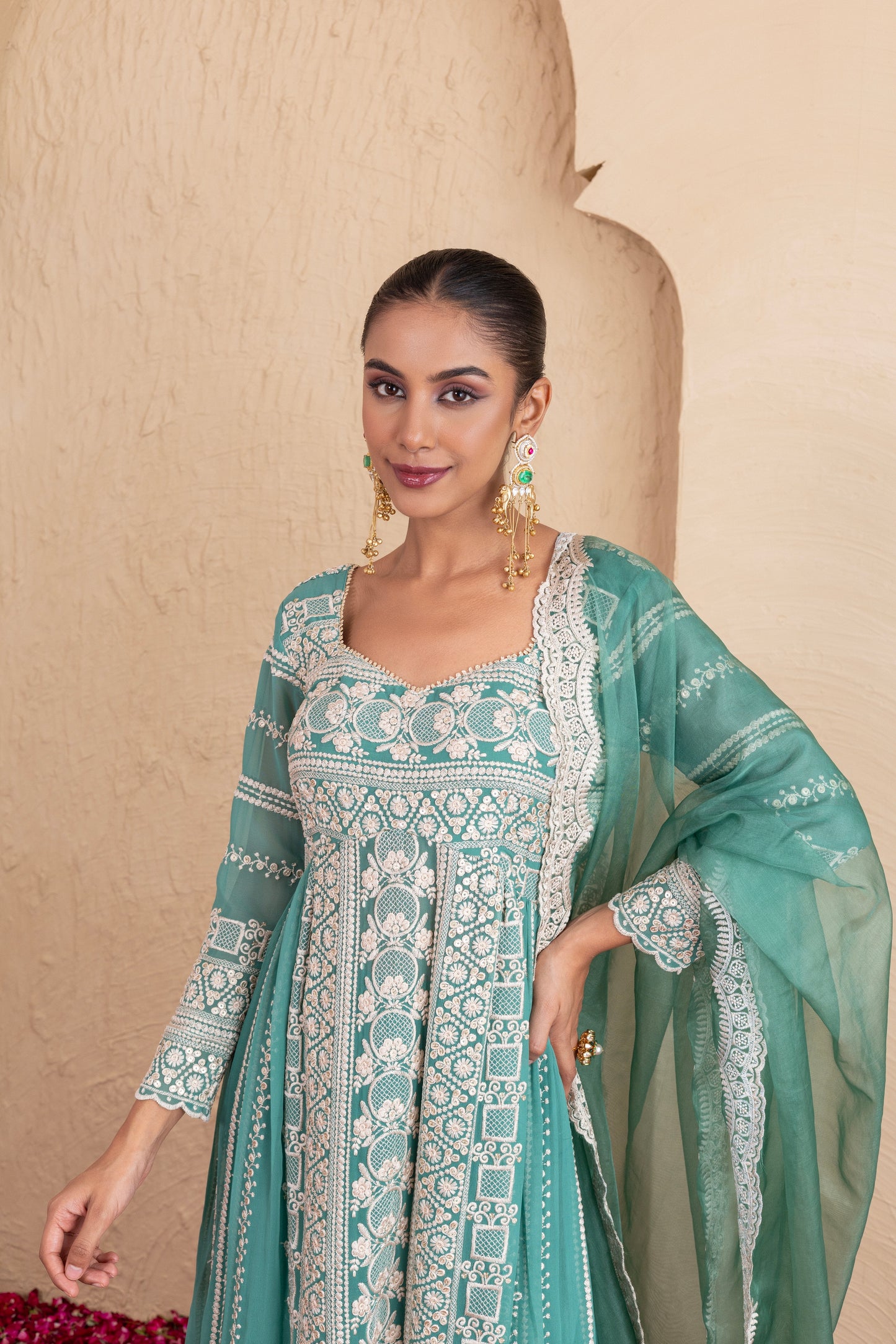 Basil Green Gold Sequence Embroidered Flared Suit Set
