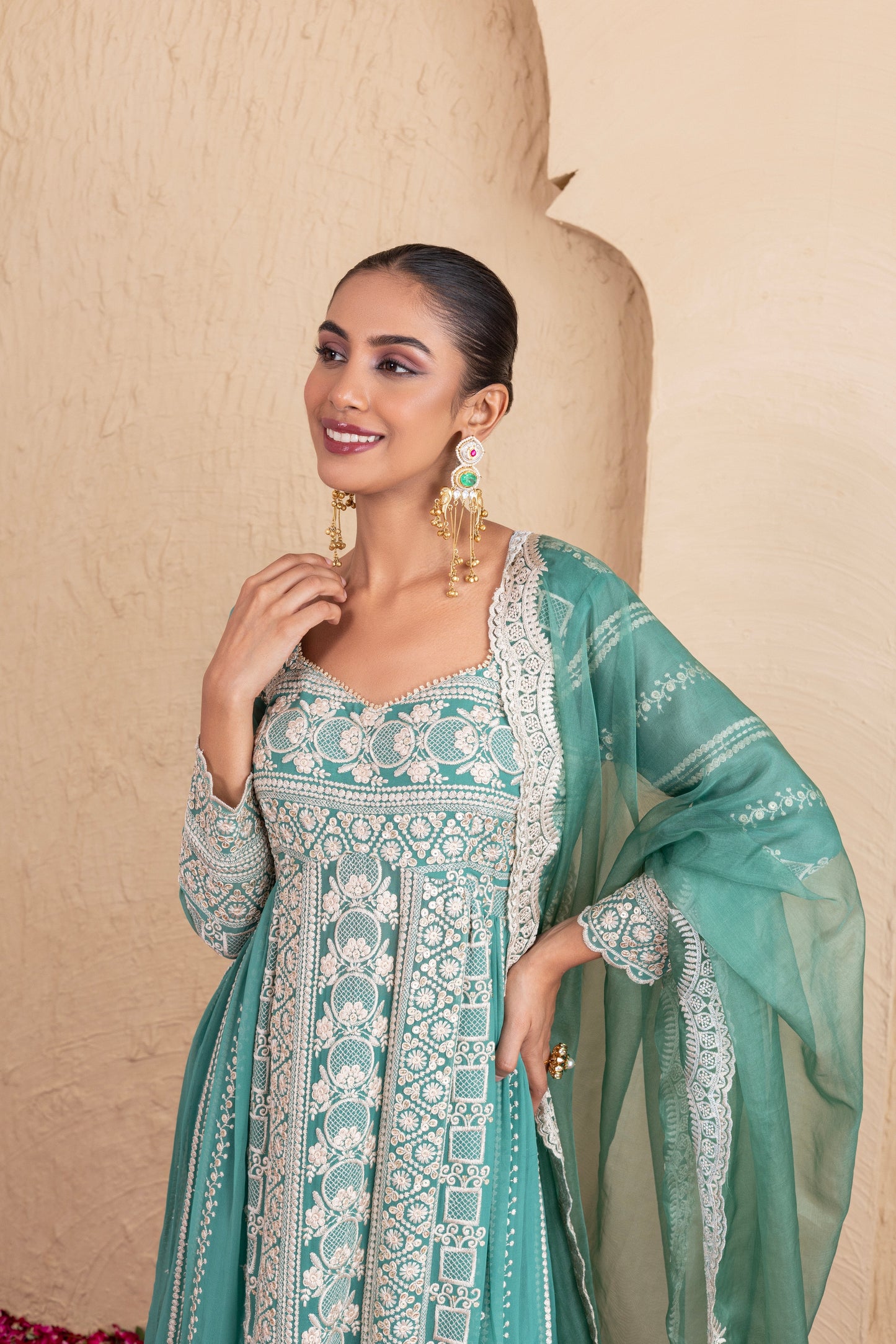 Basil Green Gold Sequence Embroidered Flared Suit Set