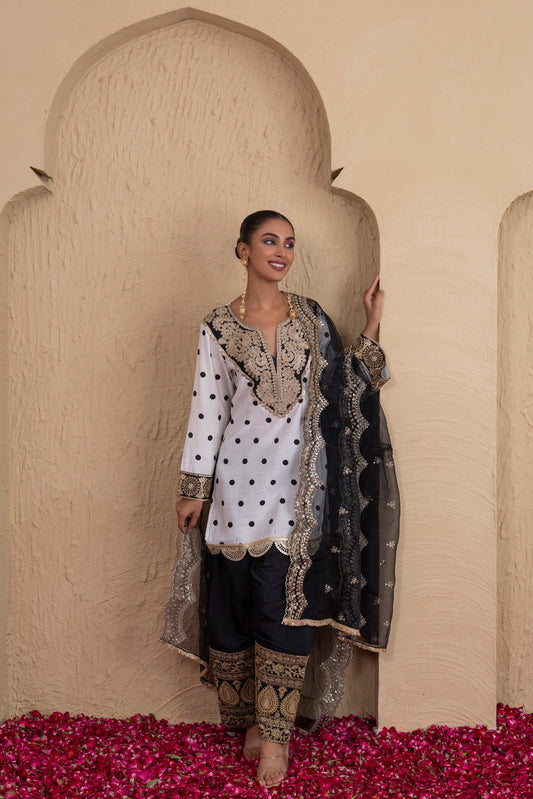 BLACK POLKA DOT FARSHI SALWAR SUIT SET