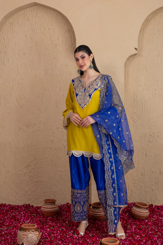 LIME BLUE GOLD EMBROIDERED SALWAR SUIT SET