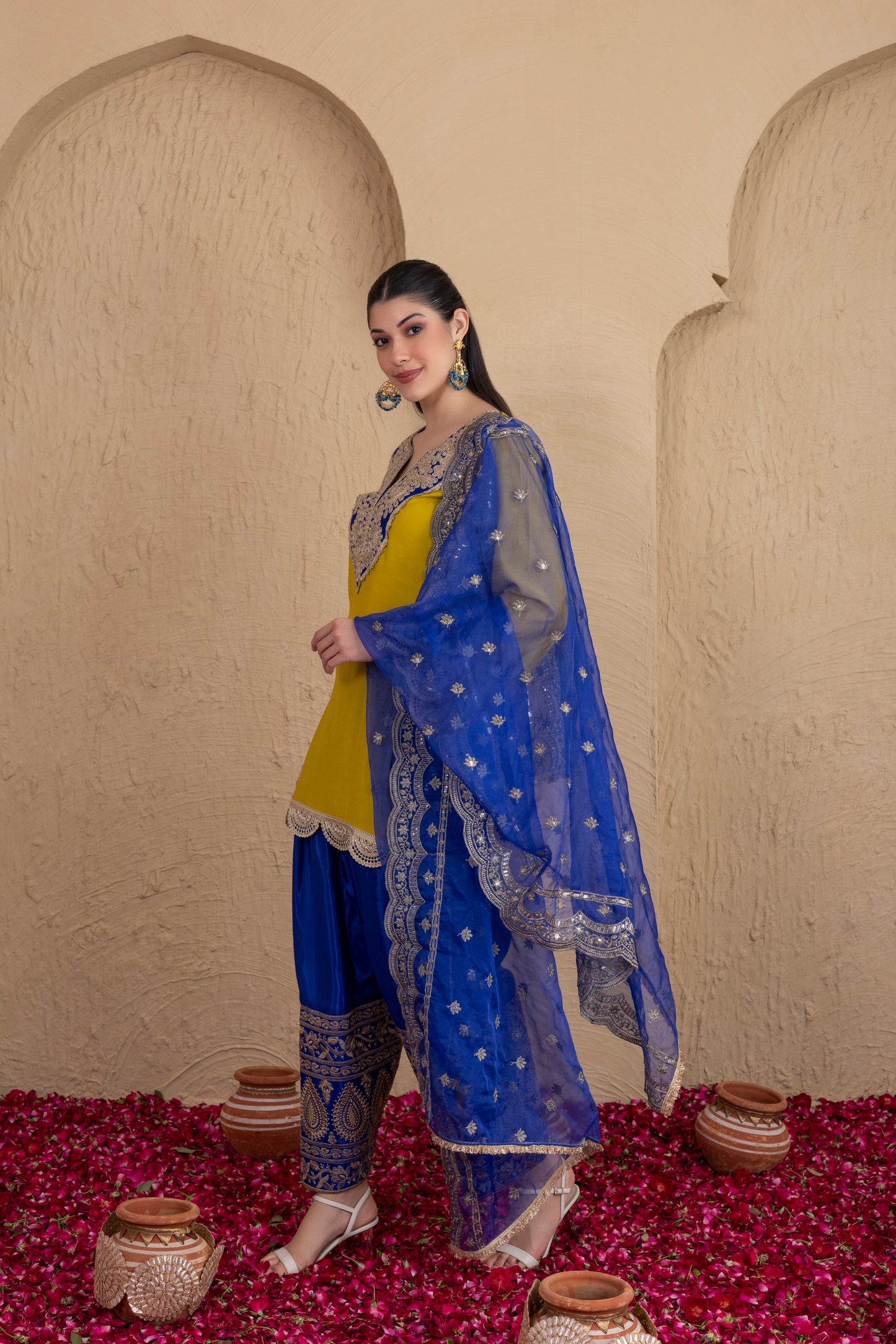 LIME BLUE GOLD EMBROIDERED SALWAR SUIT SET