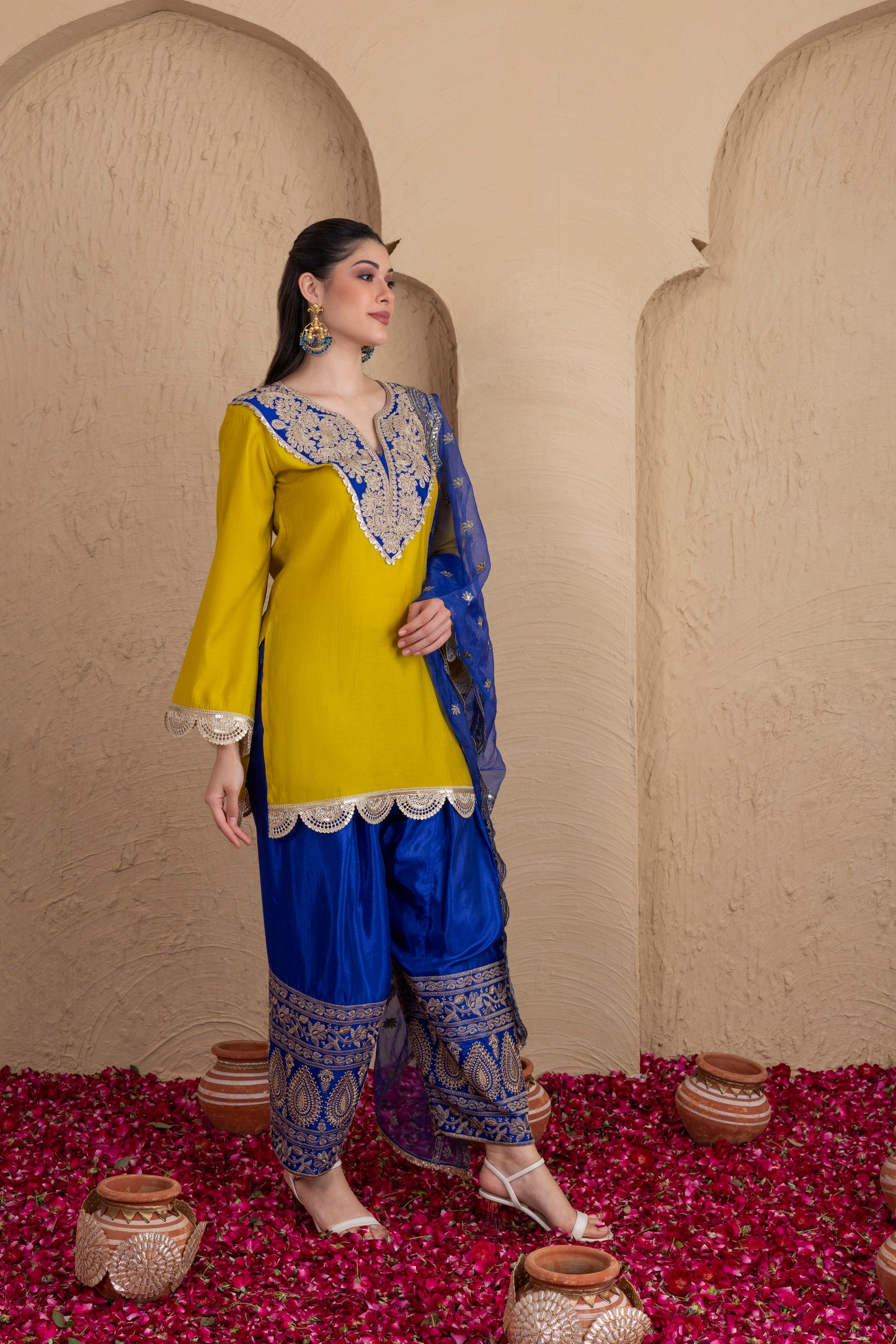 LIME BLUE GOLD EMBROIDERED SALWAR SUIT SET