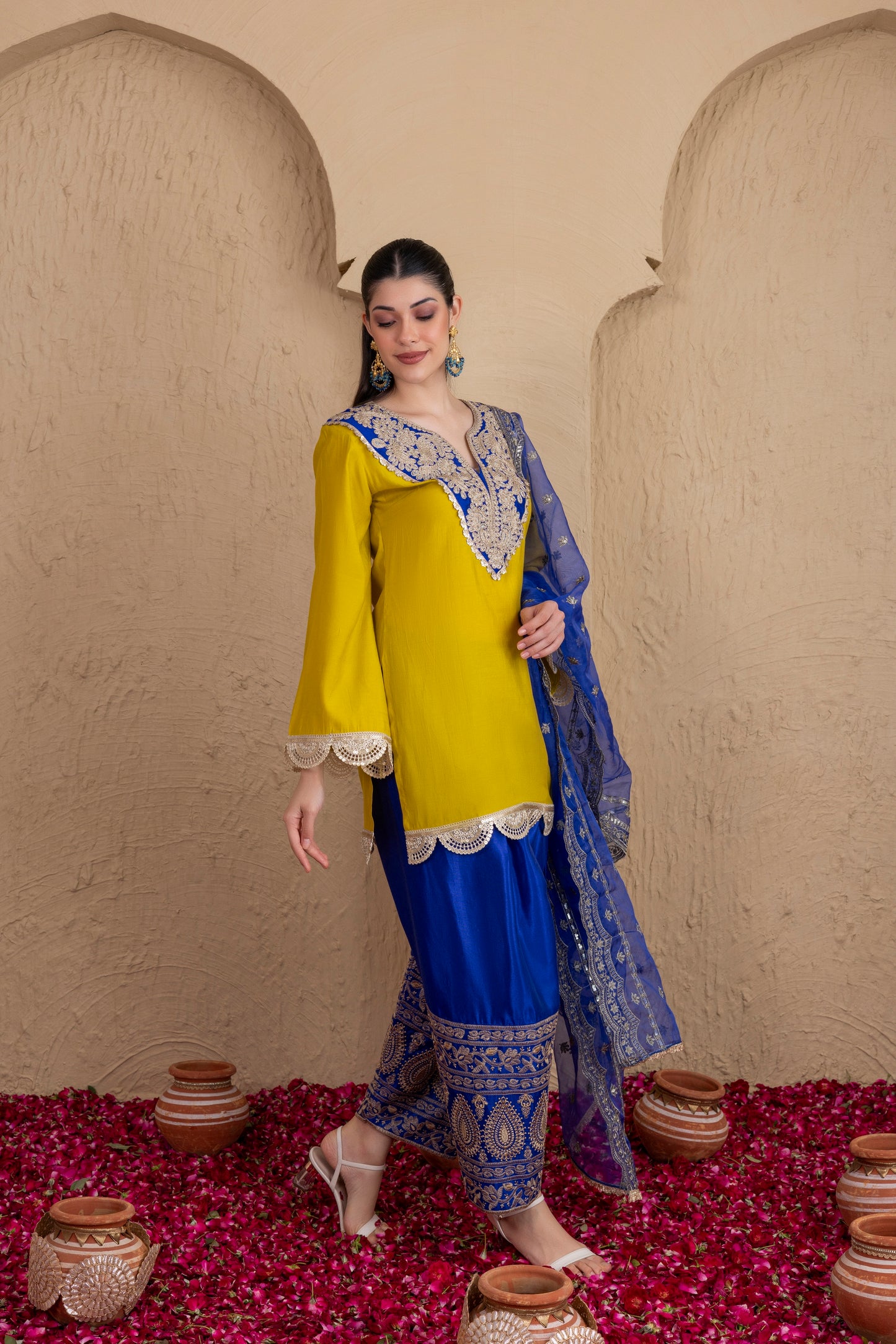 LIME BLUE GOLD EMBROIDERED SALWAR SUIT SET