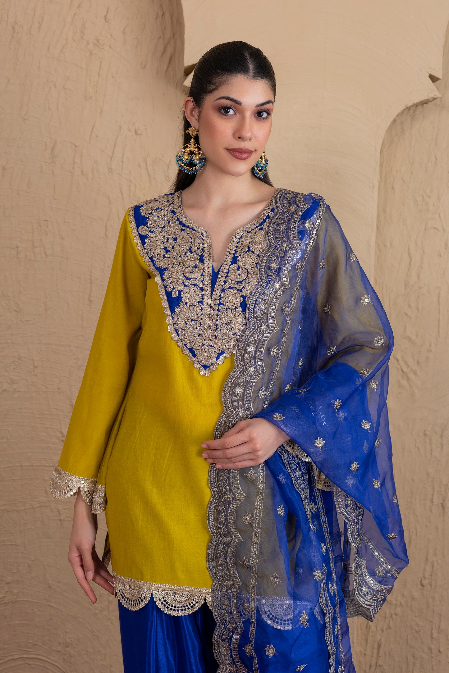 LIME BLUE GOLD EMBROIDERED SALWAR SUIT SET