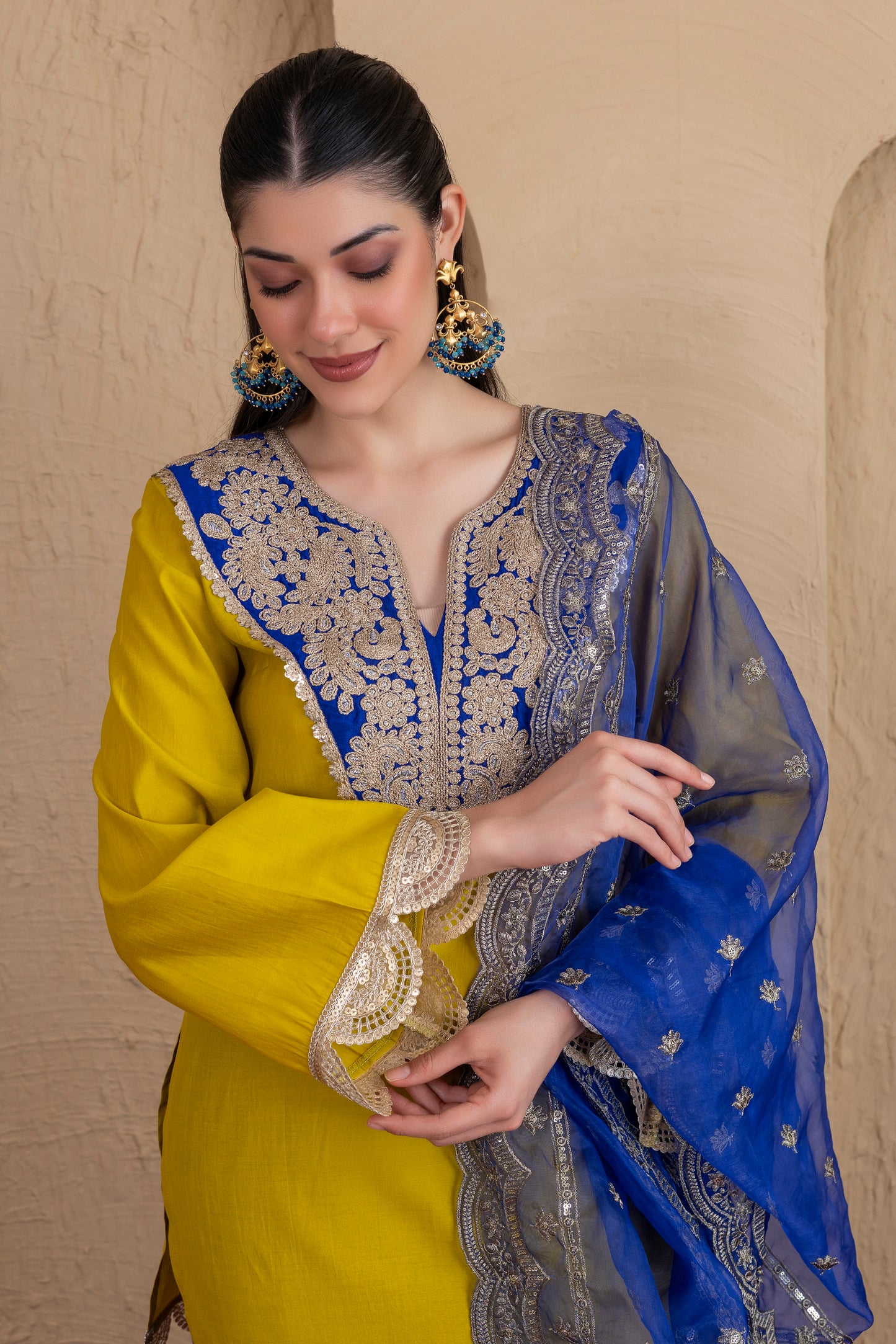 LIME BLUE GOLD EMBROIDERED SALWAR SUIT SET