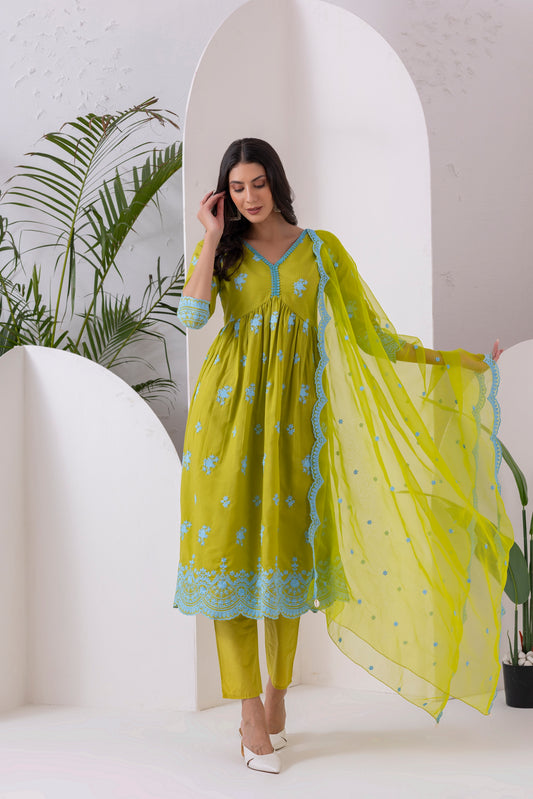 LIME AND BLUE EMBROIDERED SUIT SET
