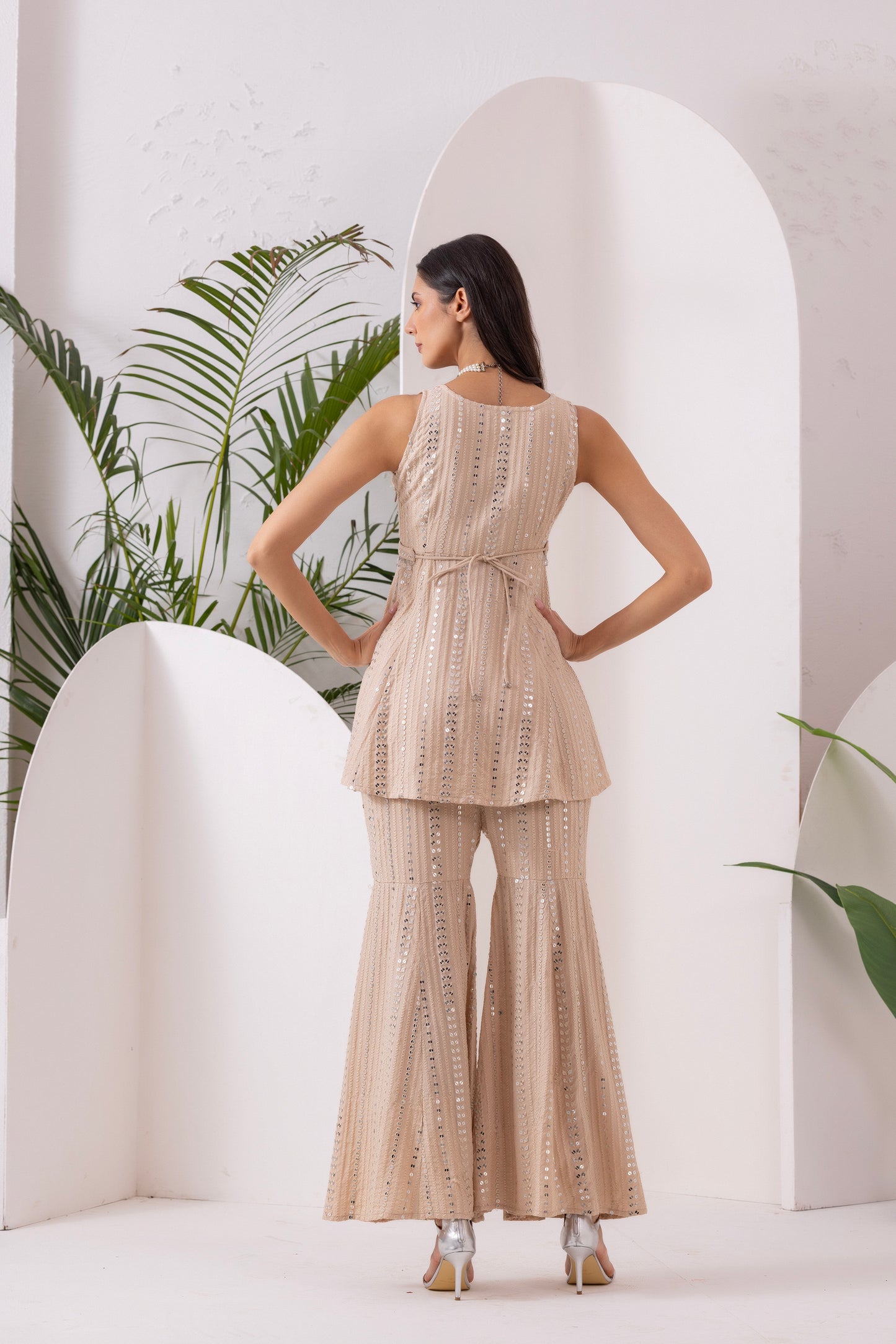 CREAM SEQUENCE EMBROIDERED FUSION SET WITH BELT