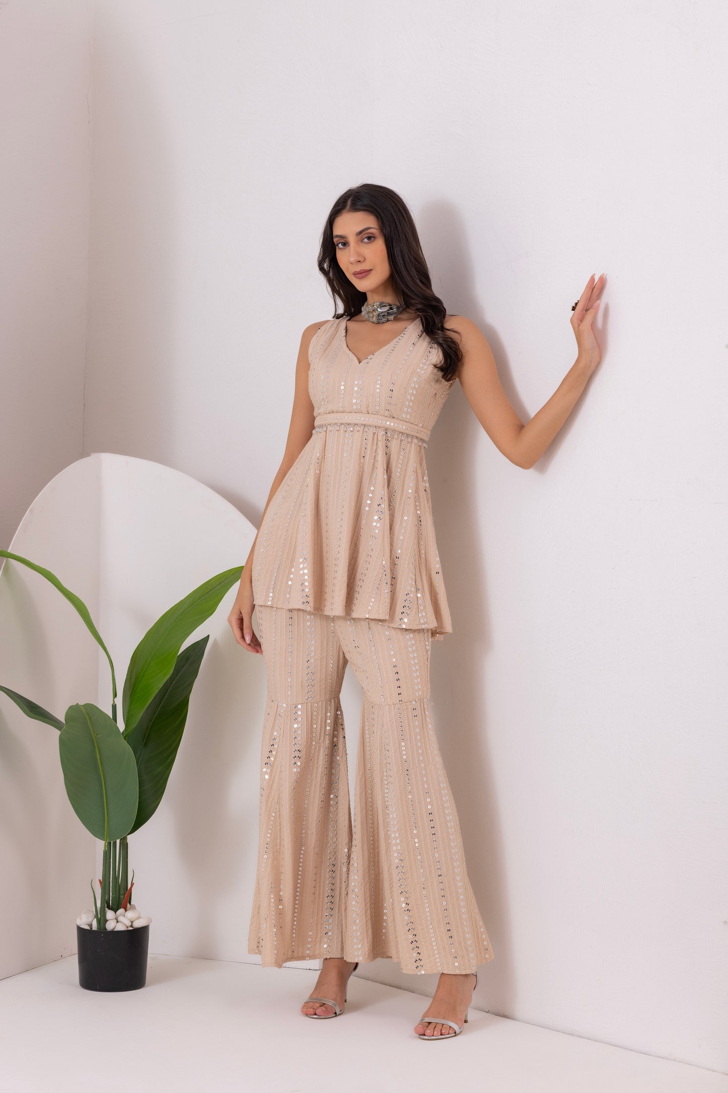 CREAM SEQUENCE EMBROIDERED FUSION SET WITH BELT